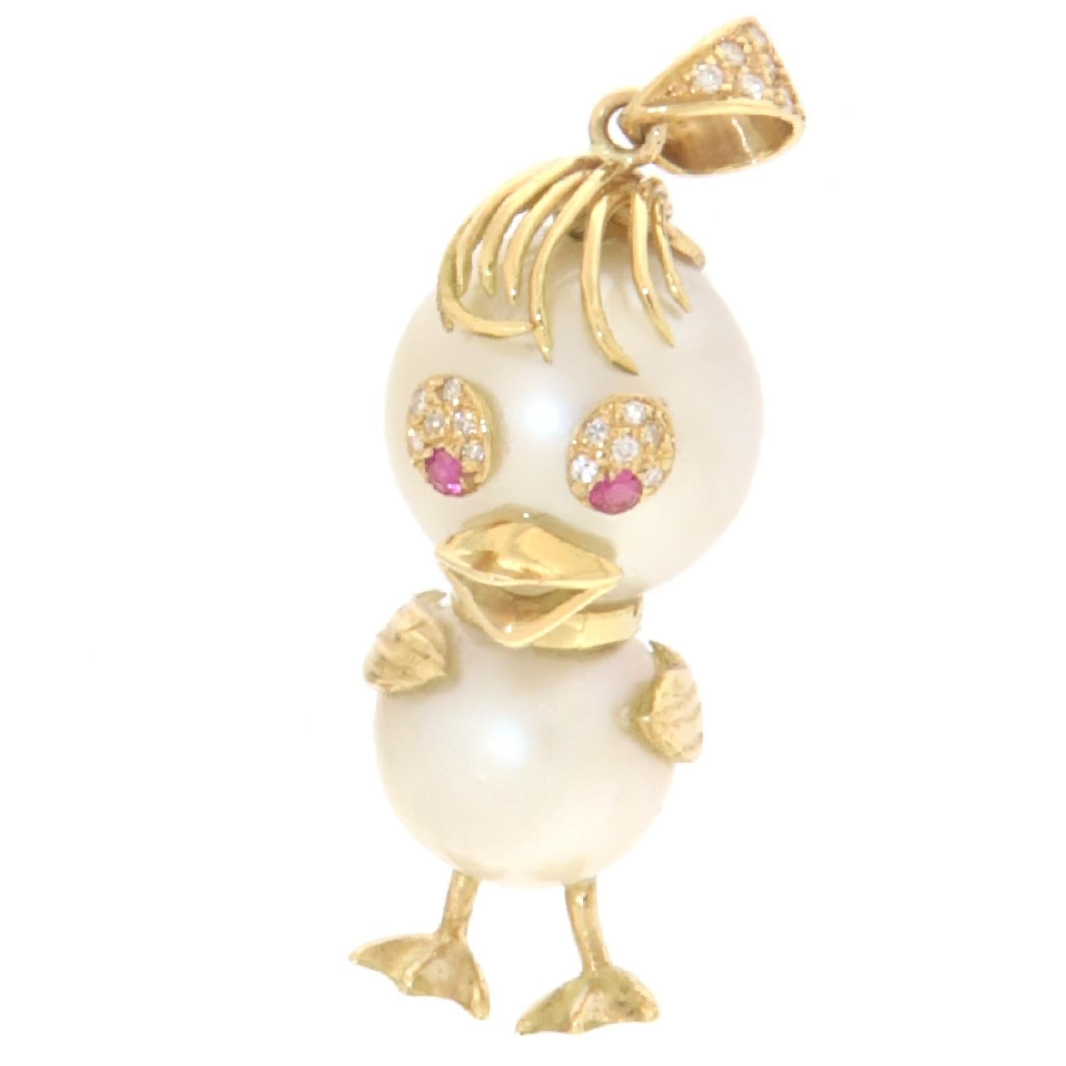 Brilliant Cut Duck Pearls Diamonds Rubies 18 Karat Yellow Gold Pendant Necklace For Sale