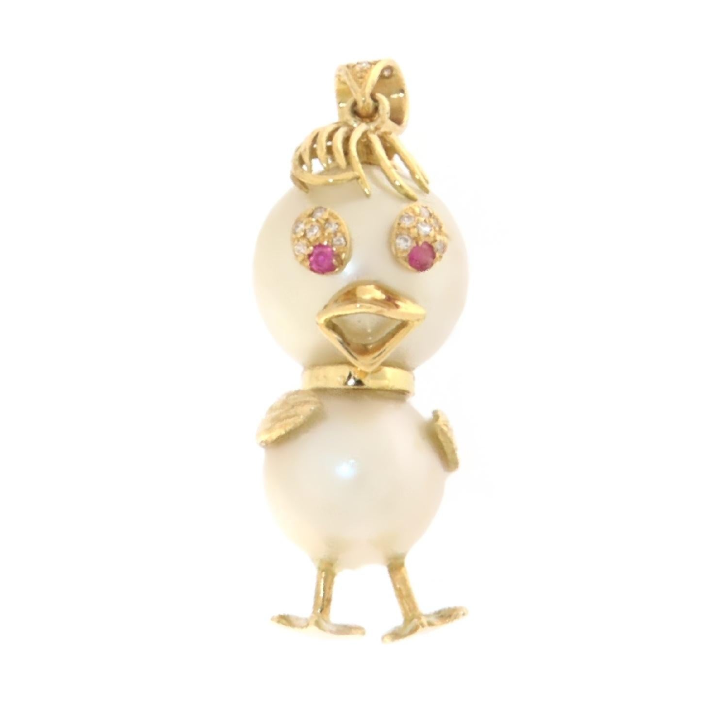 Women's Duck Pearls Diamonds Rubies 18 Karat Yellow Gold Pendant Necklace For Sale