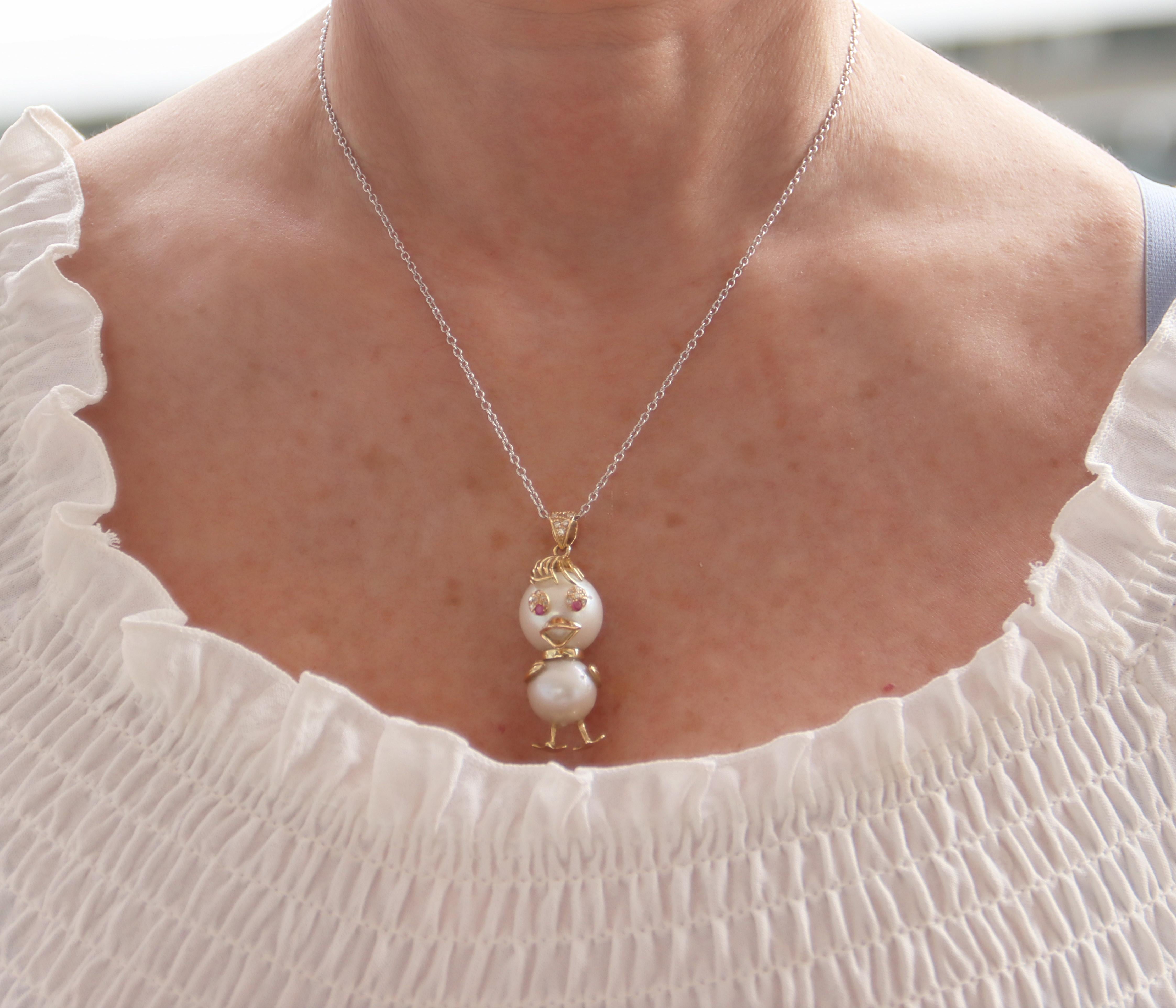 Duck Pearls Diamonds Rubies 18 Karat Yellow Gold Pendant Necklace For Sale 2