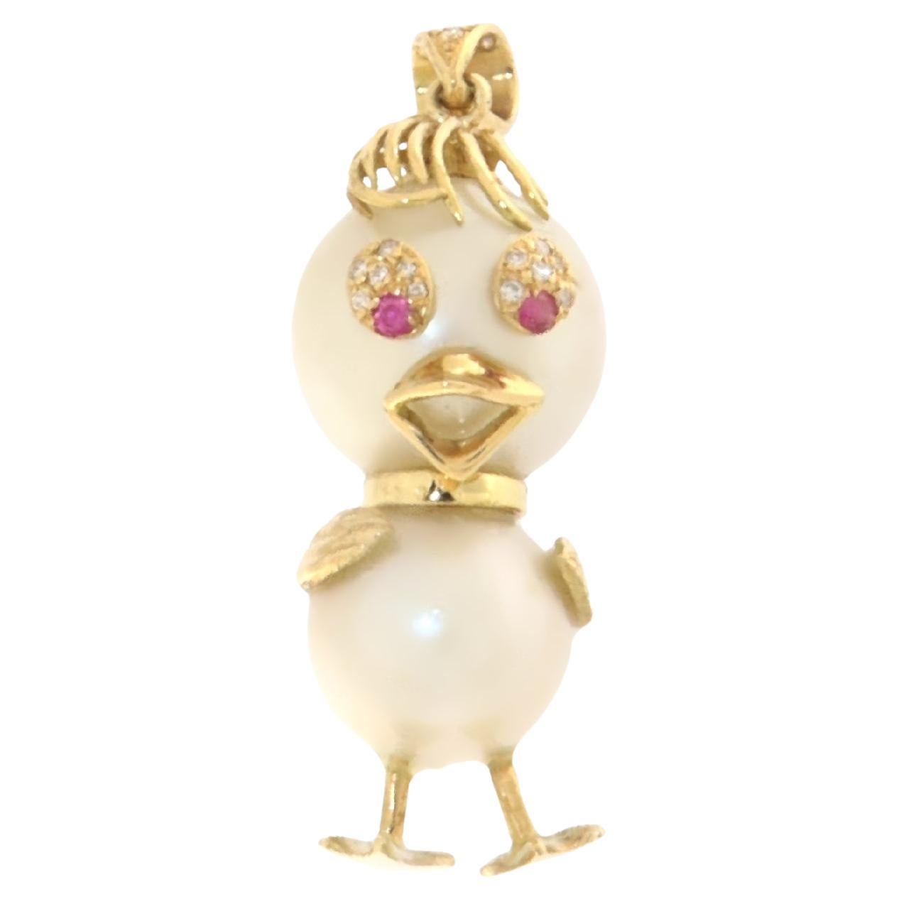 Duck Pearls Diamonds Rubies 18 Karat Yellow Gold Pendant Necklace For Sale