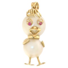 Duck Pearls Diamonds Rubies 18 Karat Yellow Gold Pendant Necklace