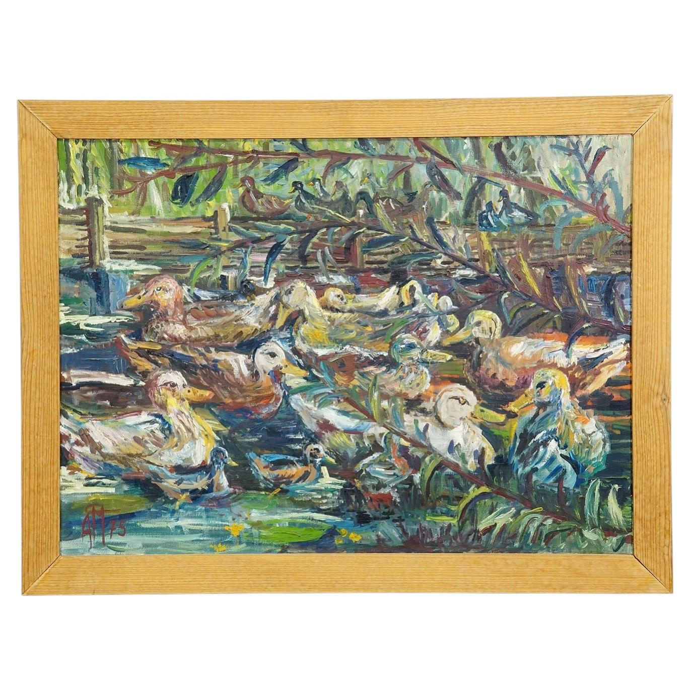 Duck Pond in Taufkirchen, 1975 – Oil Painting by Alexander Michael