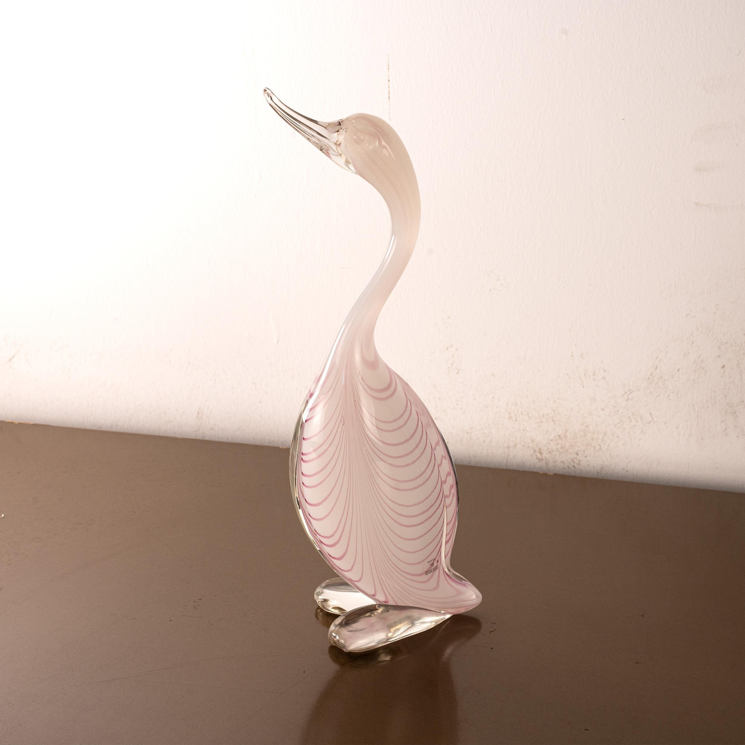 Murano Glass Duck Sculpture in White Fenicio Murano glass with pink details, Italy in stock For Sale
