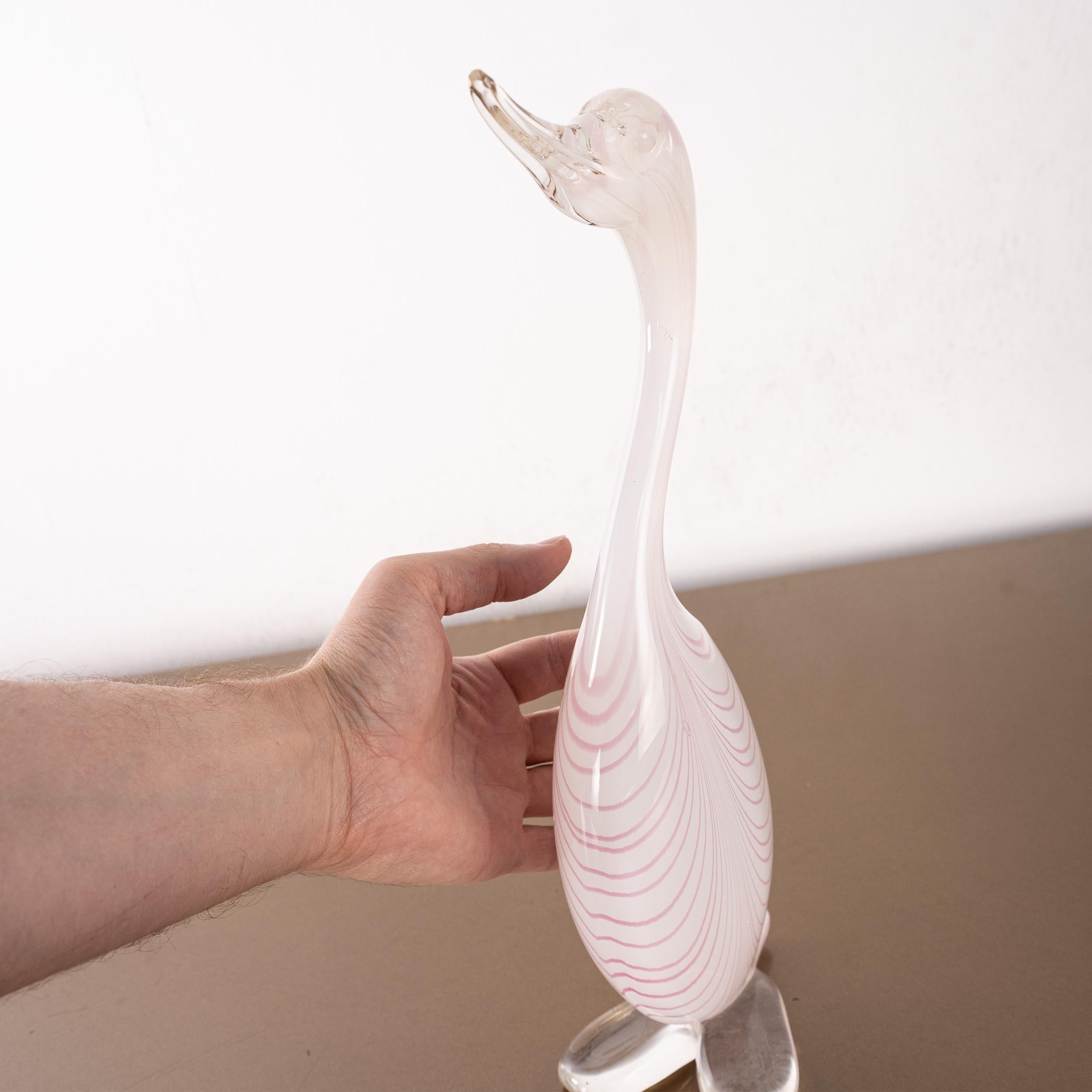 Duck Sculpture in White Fenicio Murano glass with pink details, Italy in stock For Sale 1