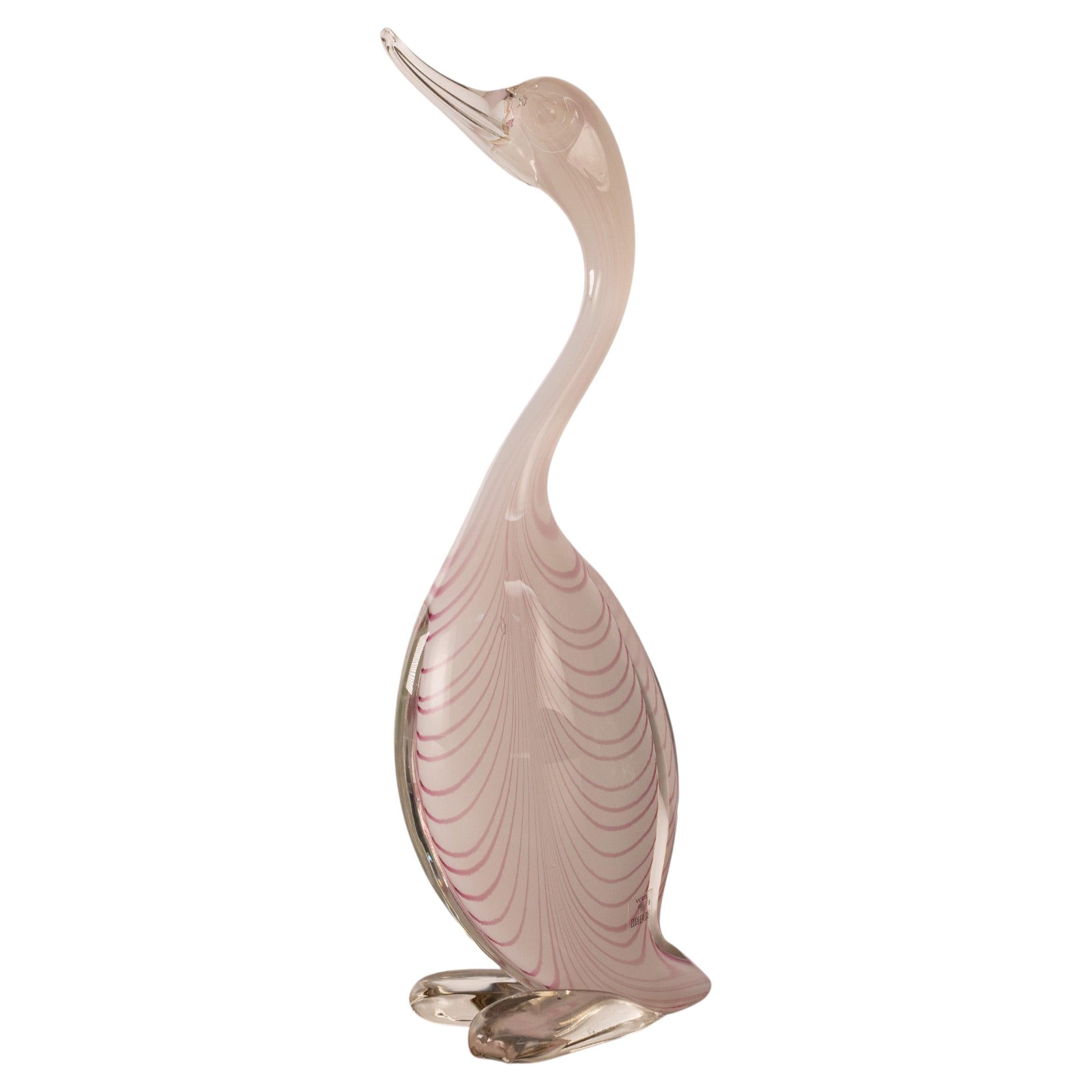 Duck Sculpture in White Fenicio Murano glass with pink details, Italy in stock