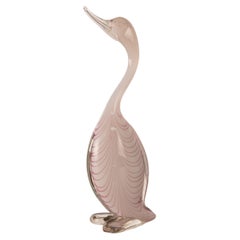 Duck Sculpture in White Fenicio Murano glass with pink details, Italy in stock