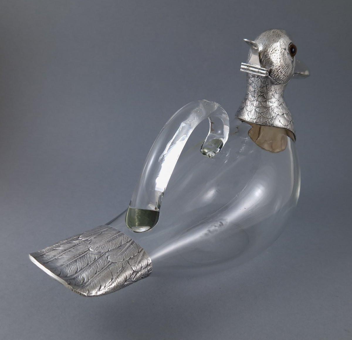 Carafe en verre et argent en forme de canard Excellent état - En vente à Saint-Ouen, FR