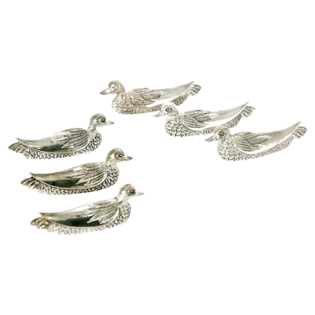 Duck-Shaped Knife Rests, in Silver Plated Metal, France 1970, Set of 6