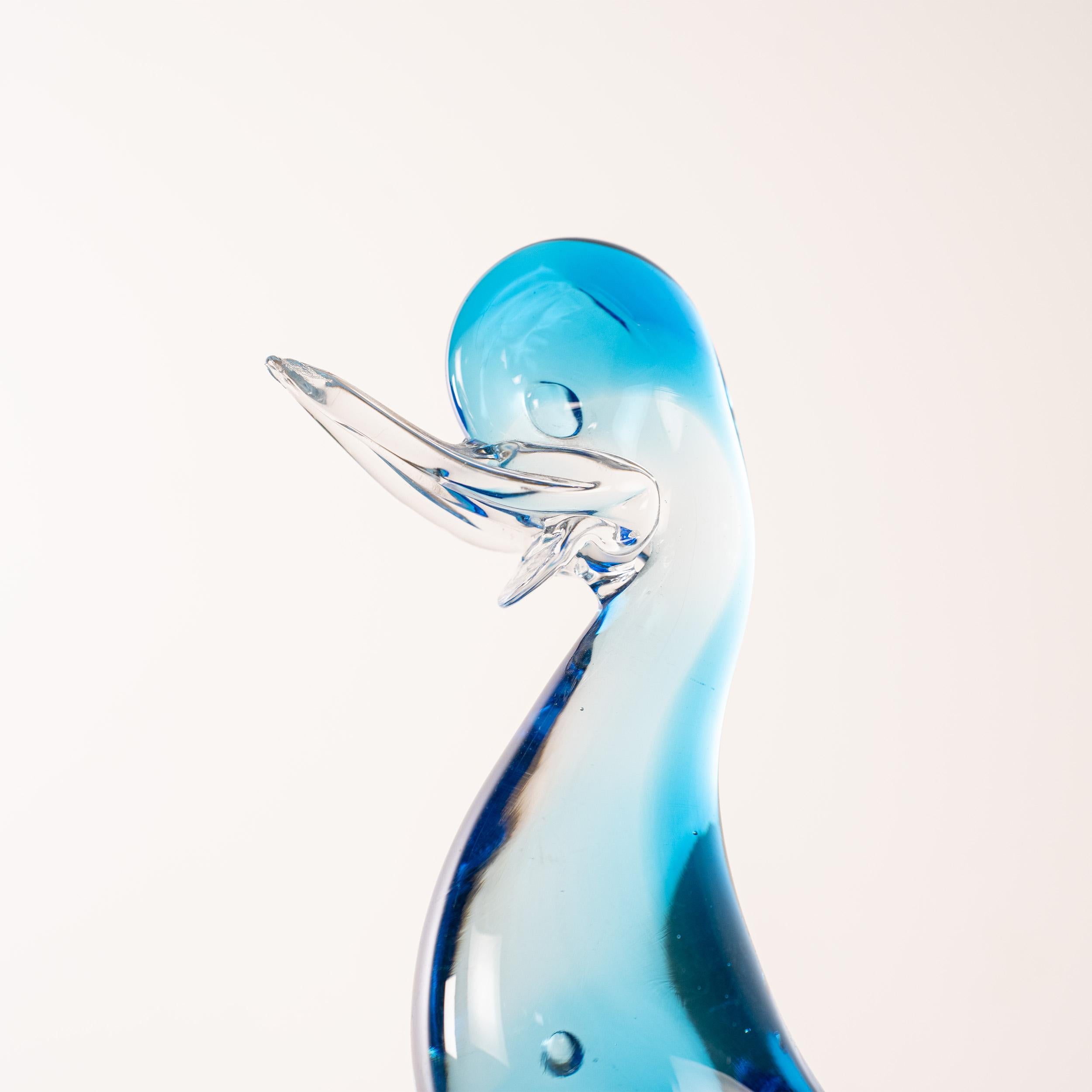 Italian Duckling bird Sculpture in Blue Murano glass with crystal base, Italy in stock For Sale
