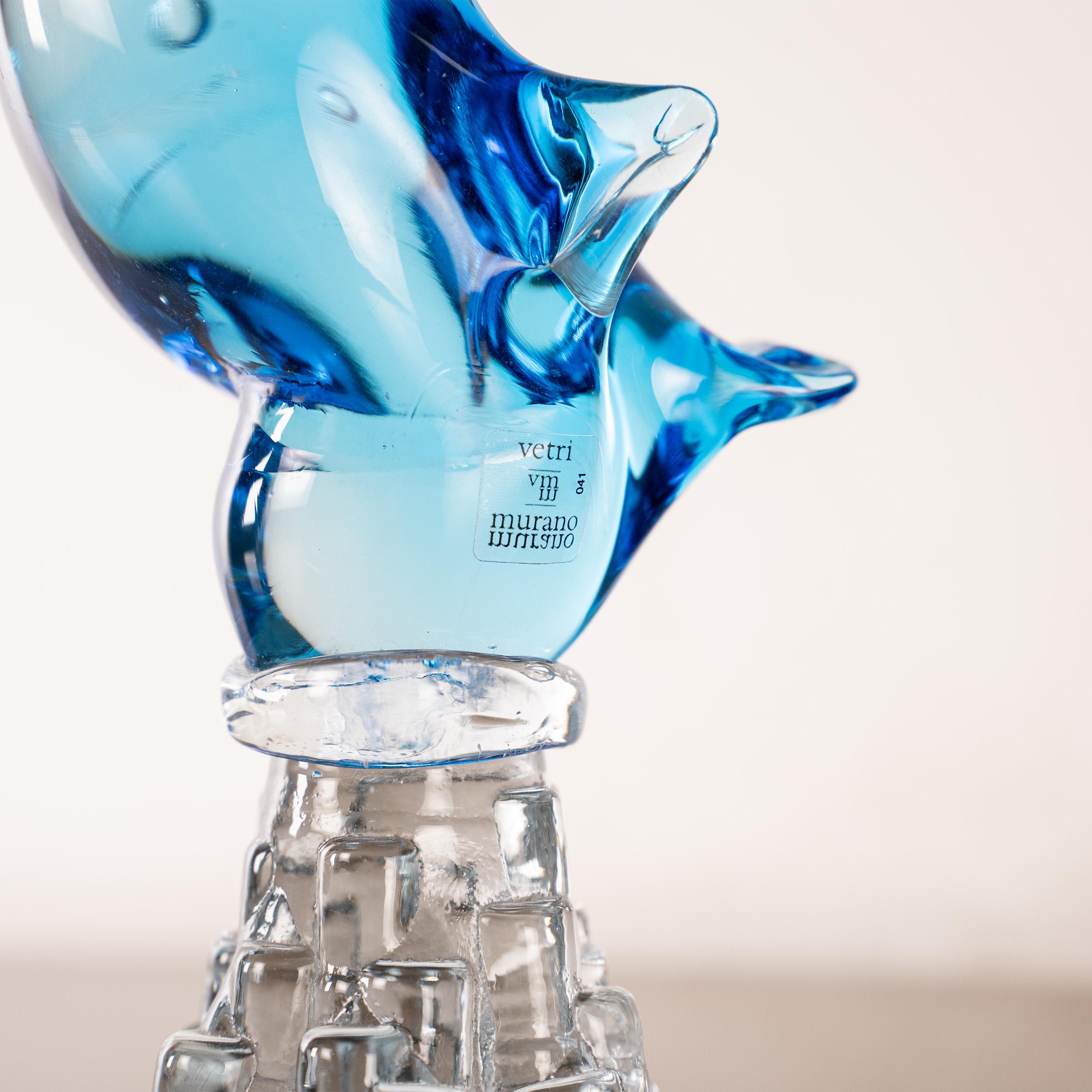 Hand-Crafted Duckling bird Sculpture in Blue Murano glass with crystal base, Italy in stock For Sale