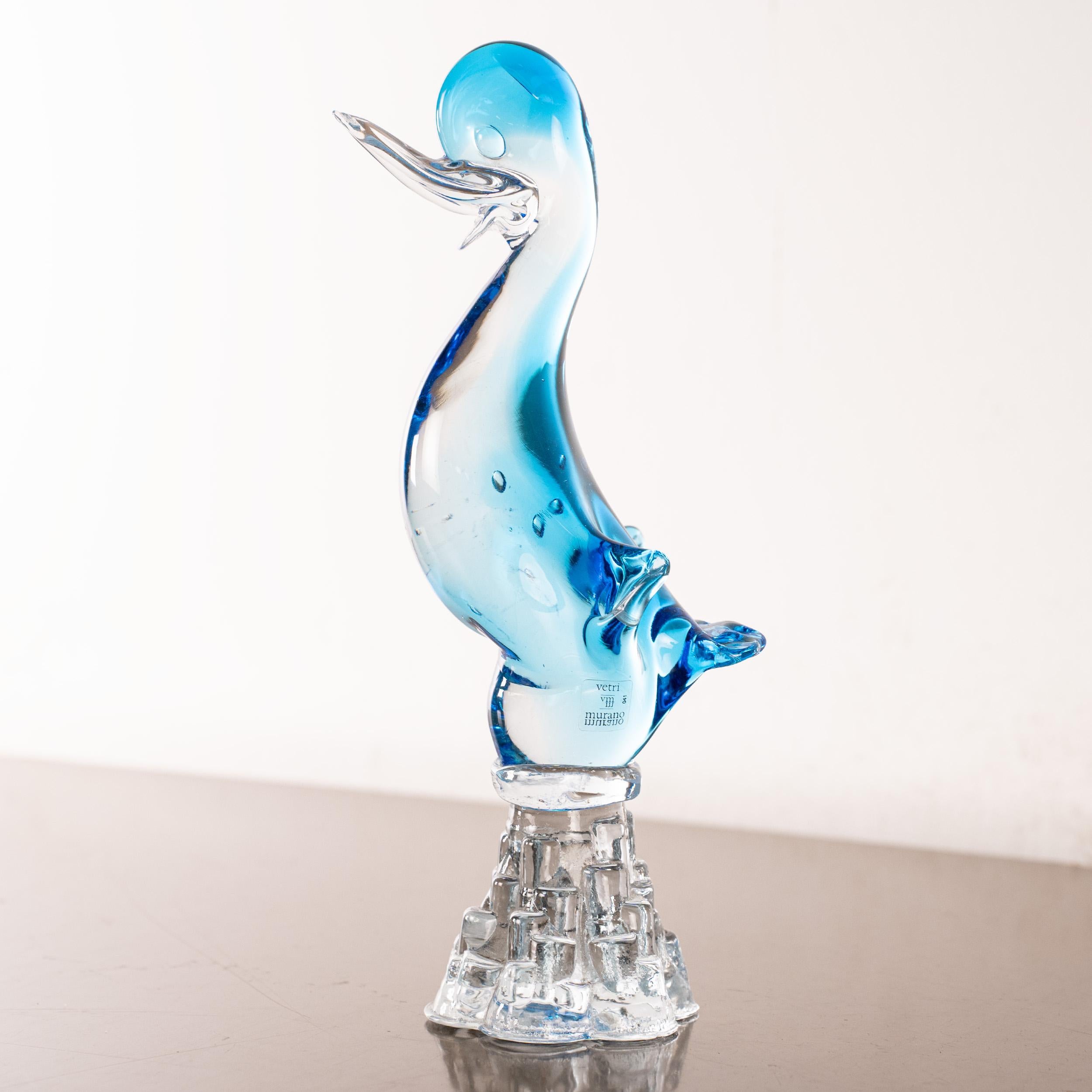 20th Century Duckling bird Sculpture in Blue Murano glass with crystal base, Italy in stock For Sale