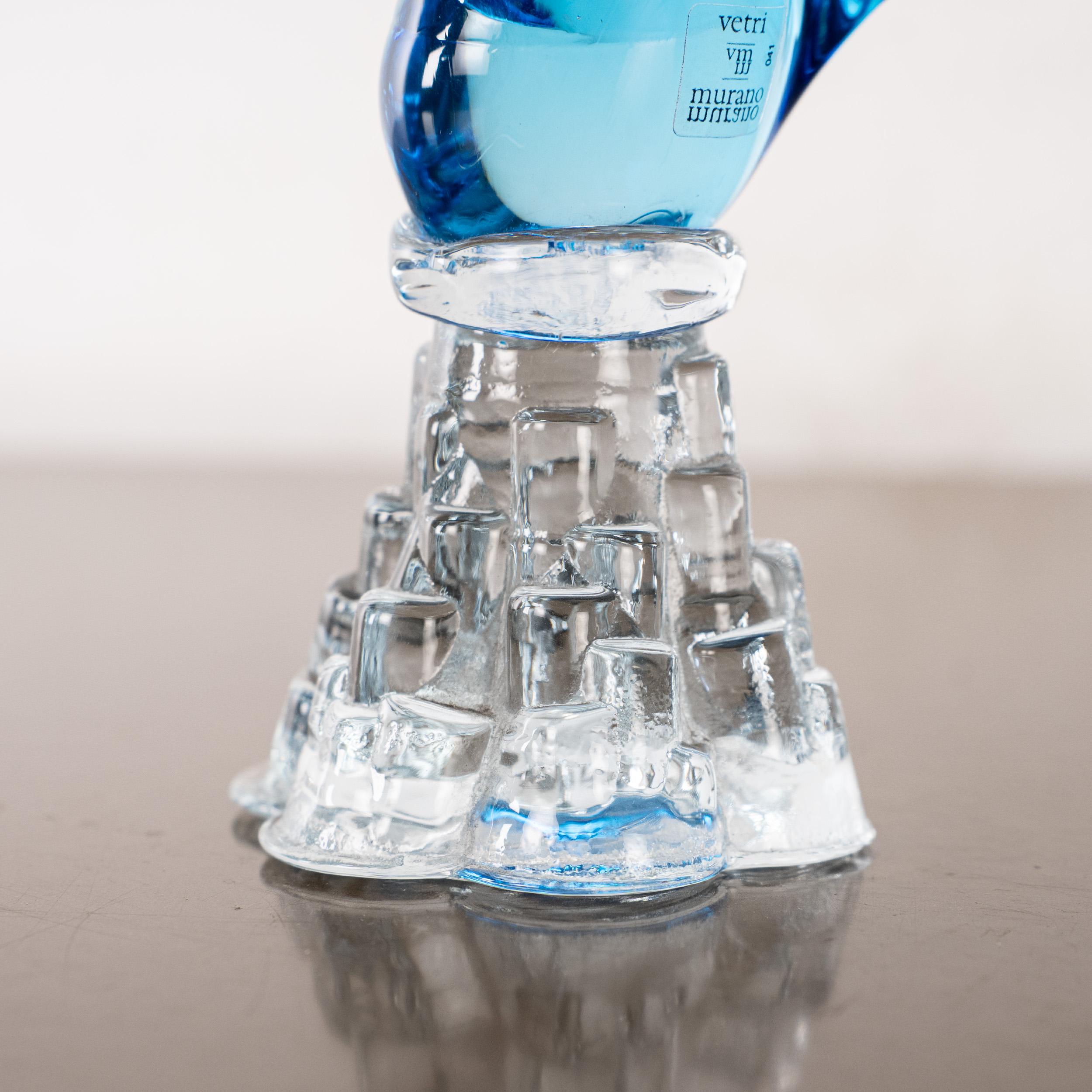 Murano Glass Duckling bird Sculpture in Blue Murano glass with crystal base, Italy in stock For Sale