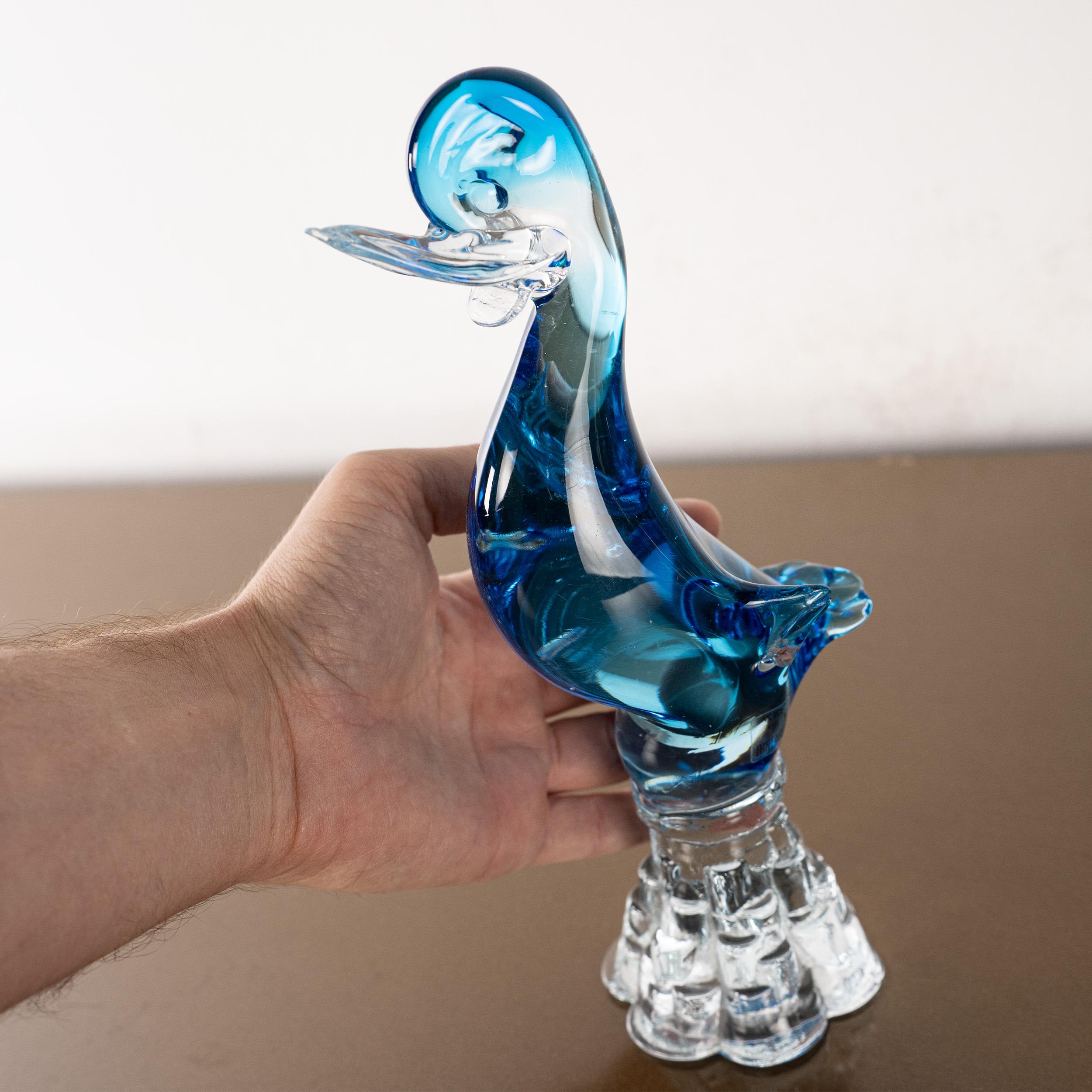 Duckling bird Sculpture in Blue Murano glass with crystal base, Italy in stock For Sale 1