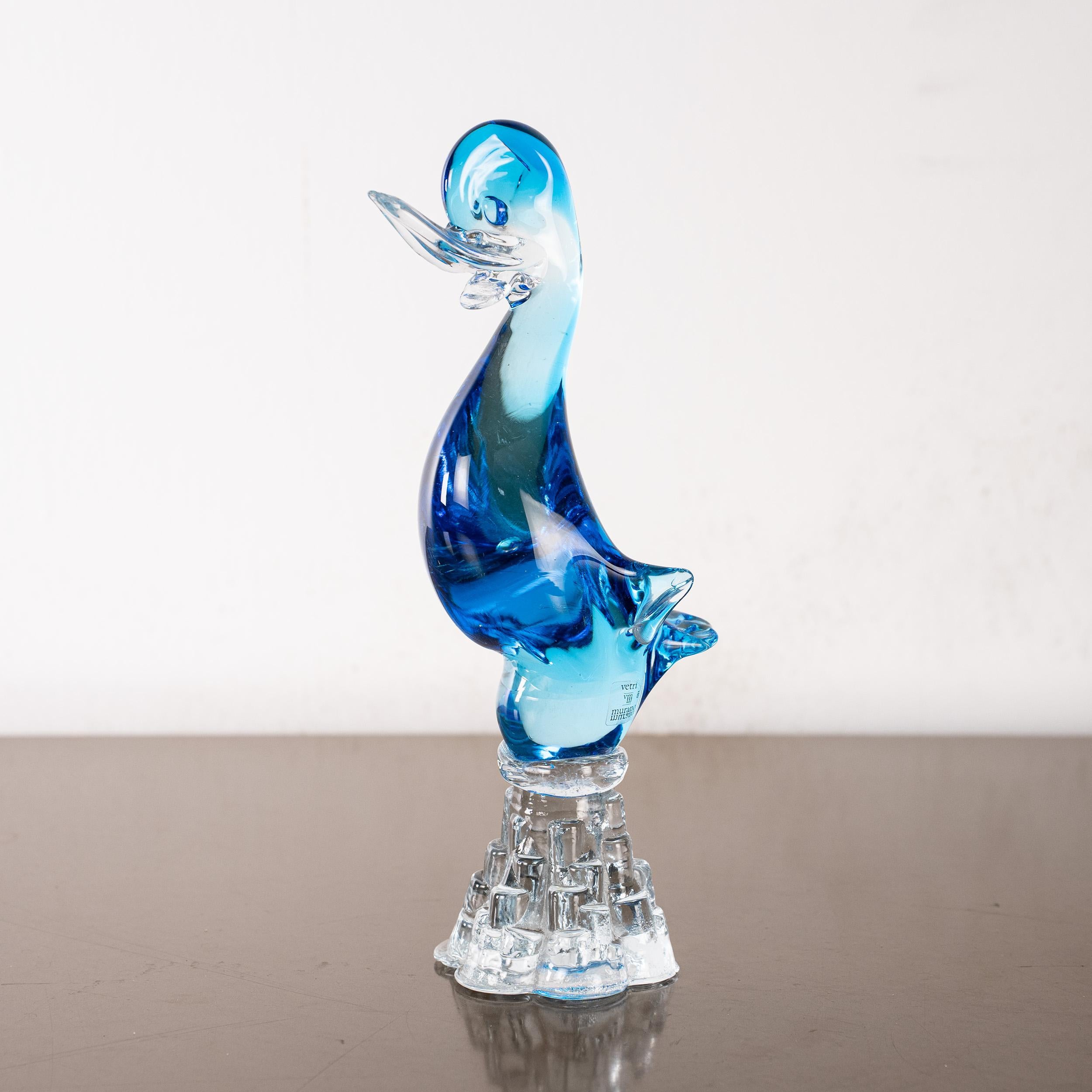 Duckling bird Sculpture in Blue Murano glass with crystal base, Italy in stock For Sale 2