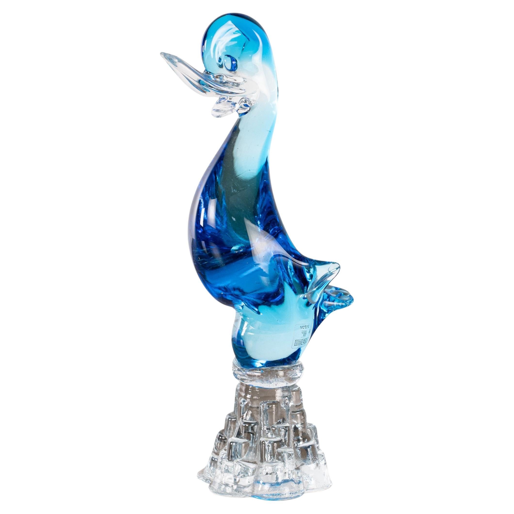 Duckling bird Sculpture in Blue Murano glass with crystal base, Italy in stock