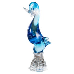 Duckling bird Sculpture in Blue Murano glass with crystal base, Italy in stock
