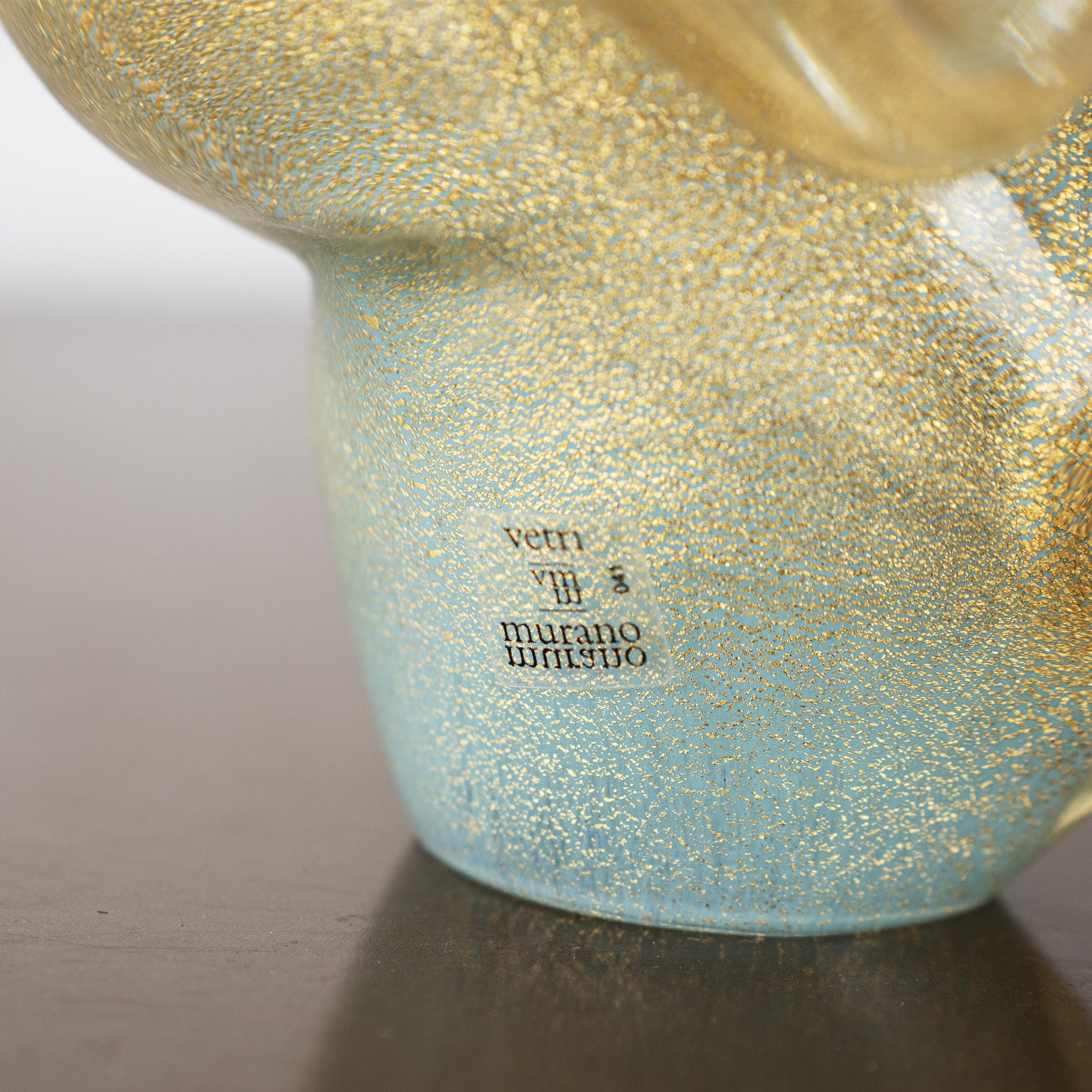 Italian Duckling Bird Sculpture in Turquoise and Gold Murano glass, Italy in stock For Sale