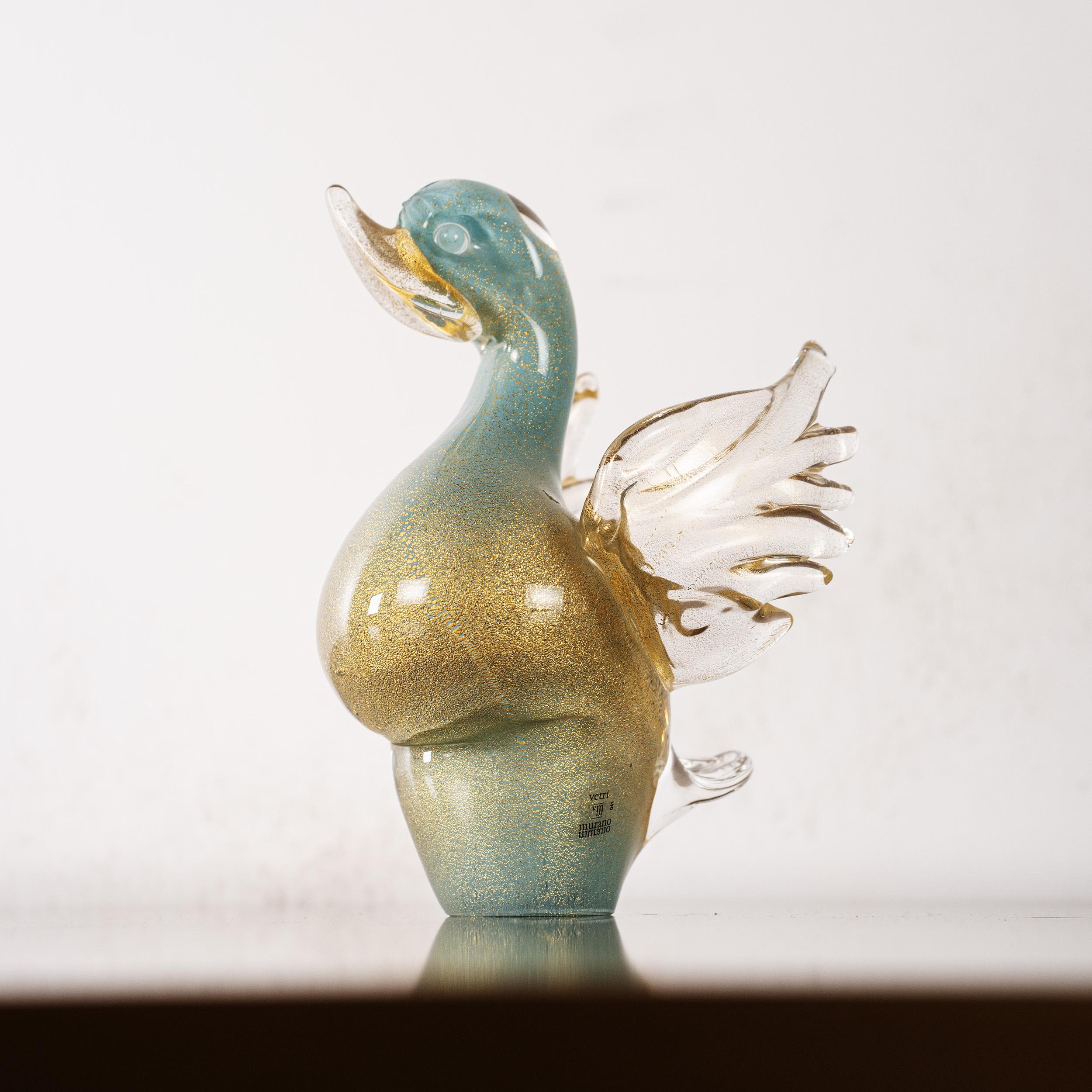 Duckling Bird Sculpture in Turquoise and Gold Murano glass, Italy in stock In Good Condition For Sale In Venezia, IT