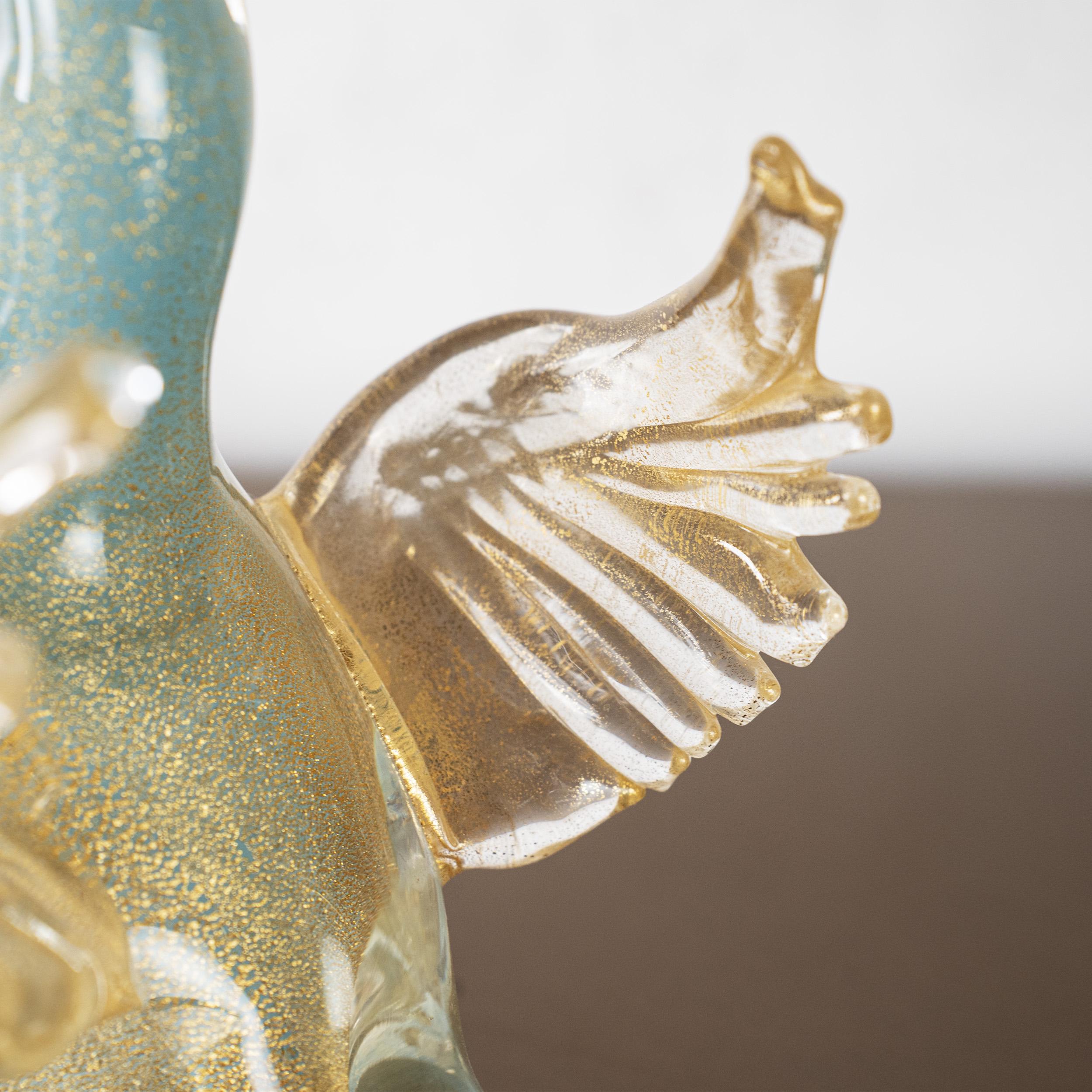 20th Century Duckling Bird Sculpture in Turquoise and Gold Murano glass, Italy in stock For Sale