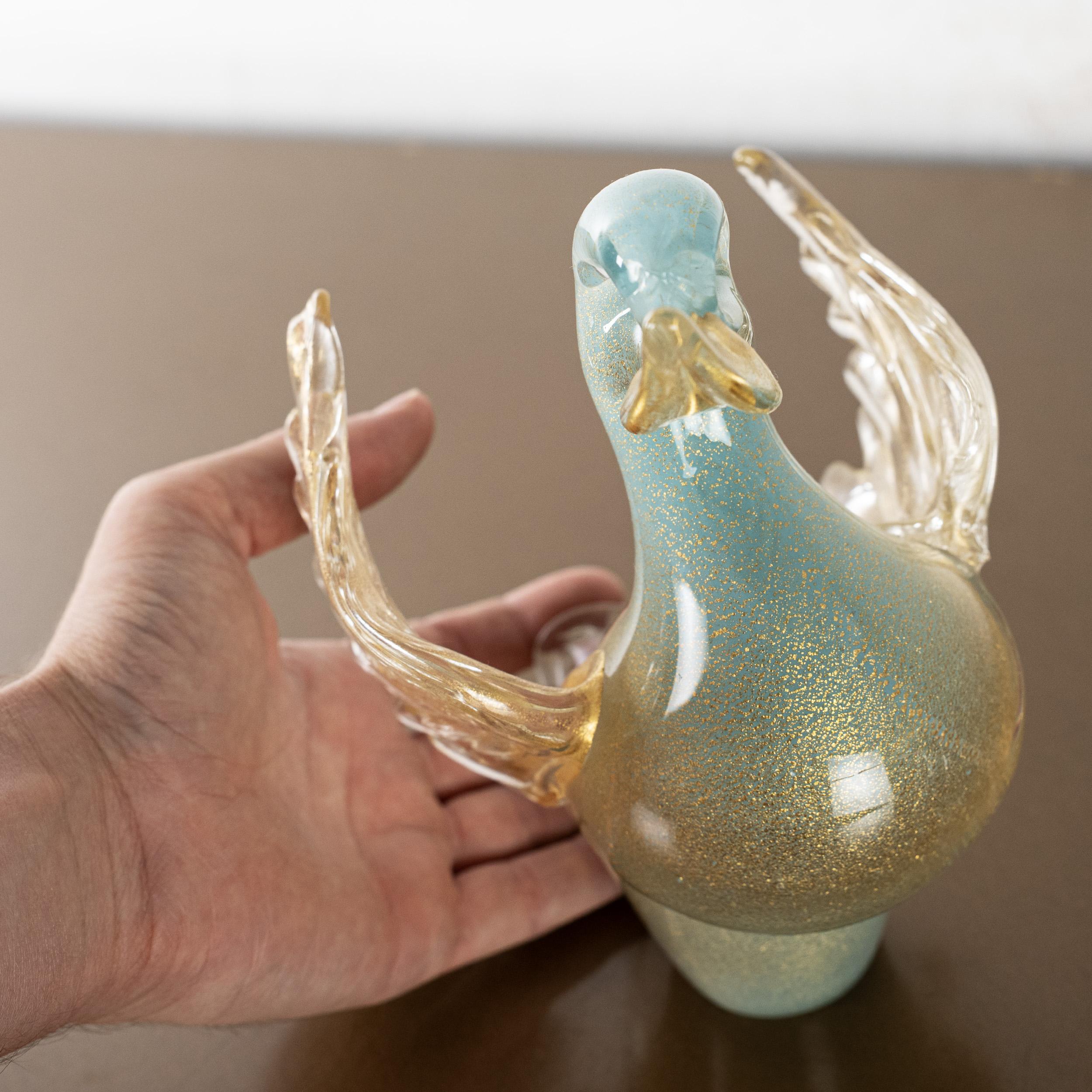 Duckling Bird Sculpture in Turquoise and Gold Murano glass, Italy in stock For Sale 1