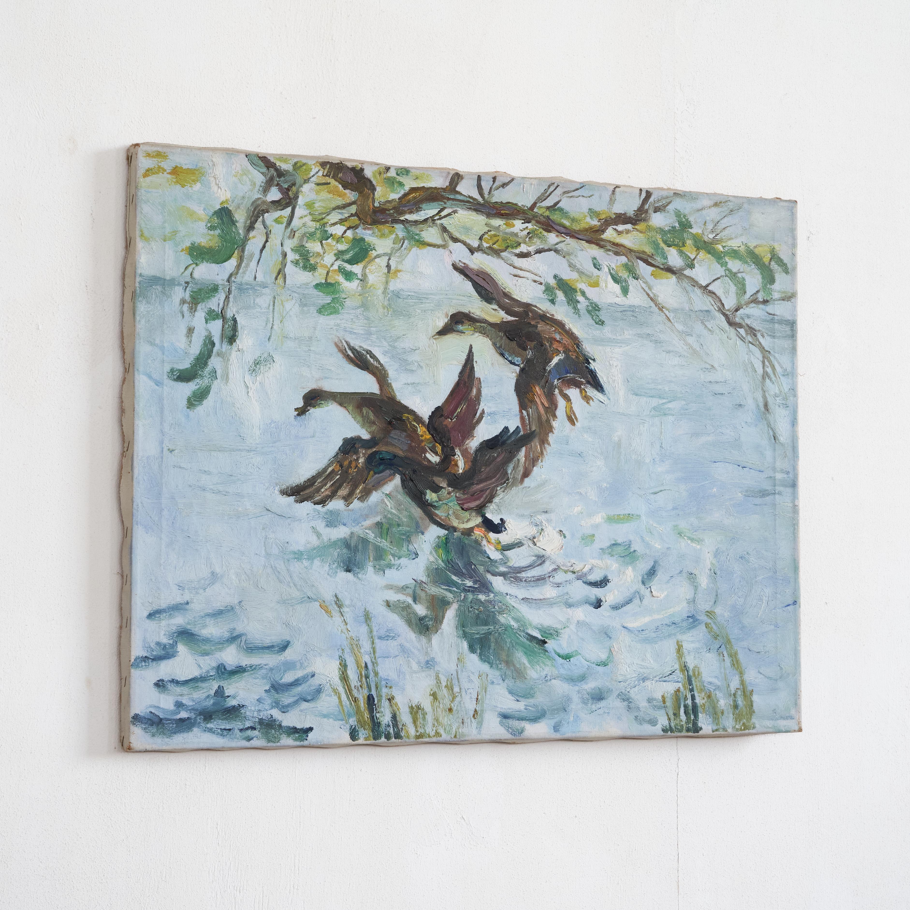20th Century Ducks Oil on Canvas 1940s For Sale