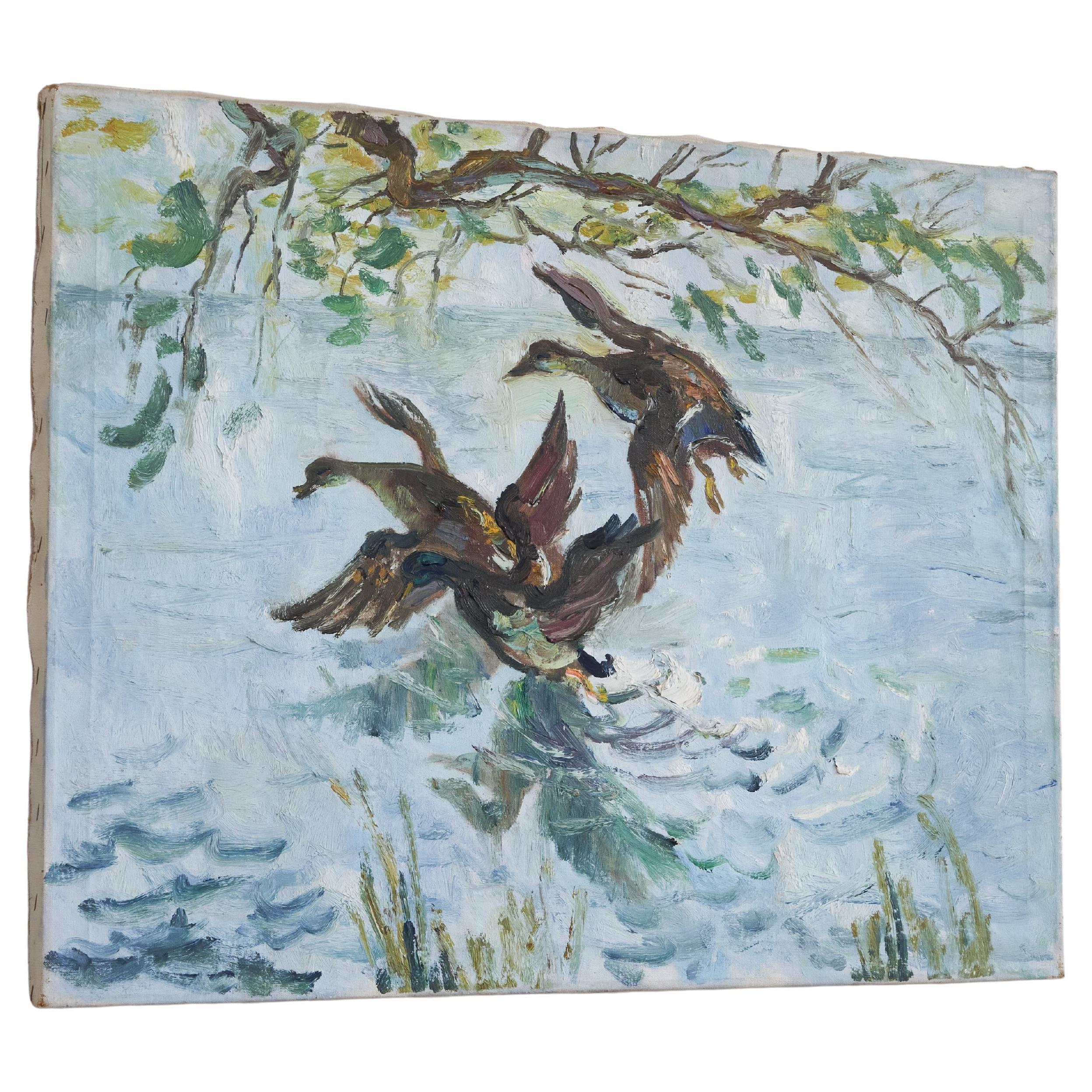 Ducks Oil on Canvas 1940s For Sale