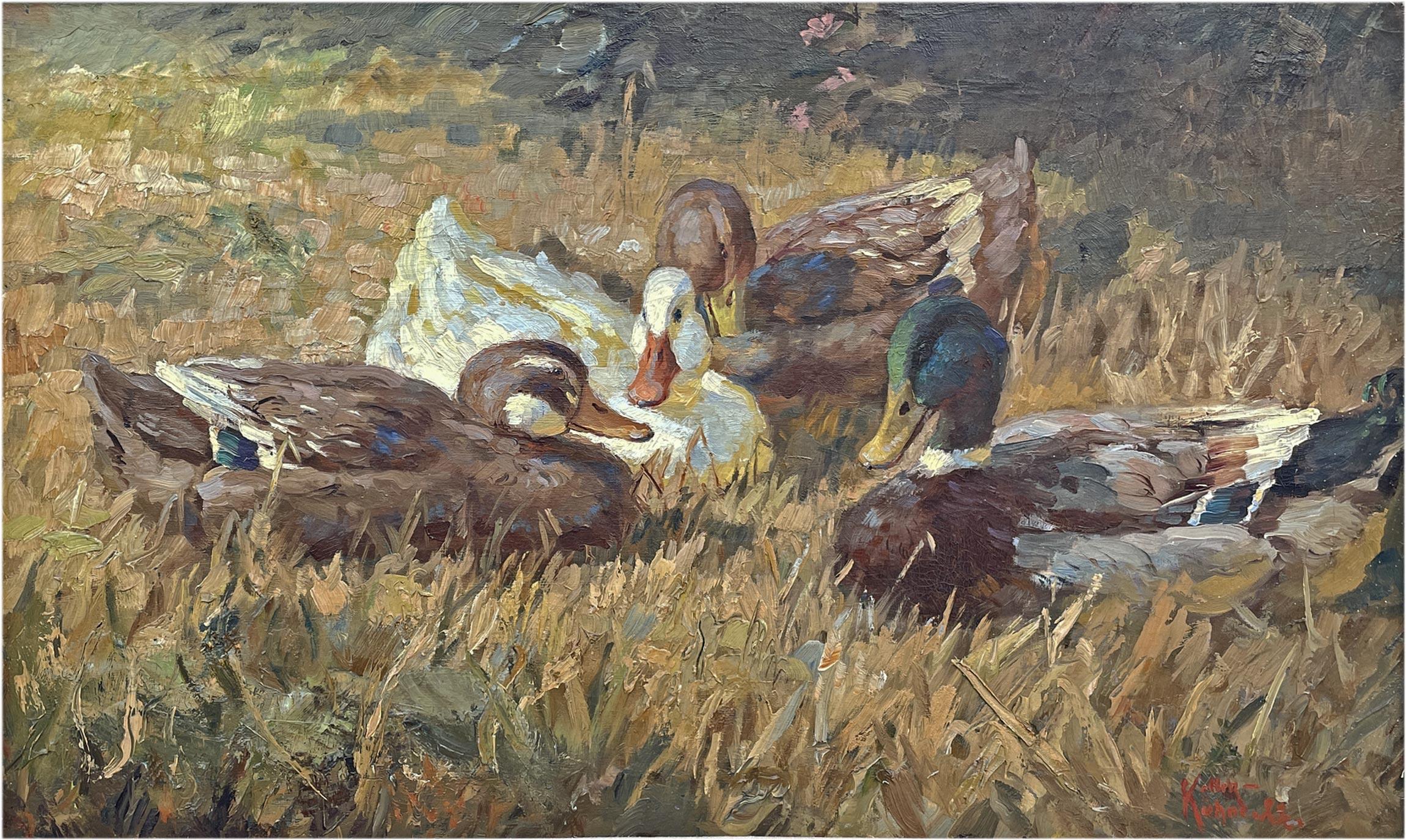 Ducks Oil on Canvas Painting by Keller-Kühne Josef  Woldemar For Sale 11