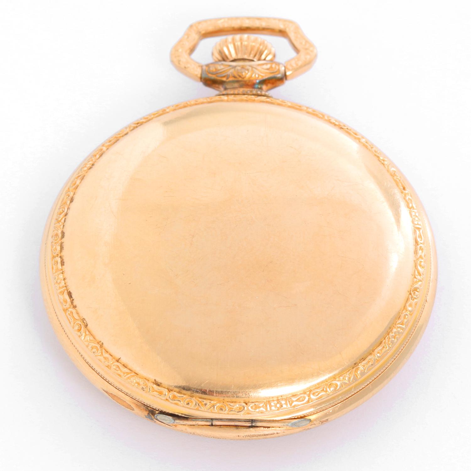 Dudley 14k Yellow Gold Masonic Model 3 Pocket Watch - Manual winding. 14K yellow gold ( 45 mm ) with ornate bezel; Display back seeing various bridges made in the shape of the 