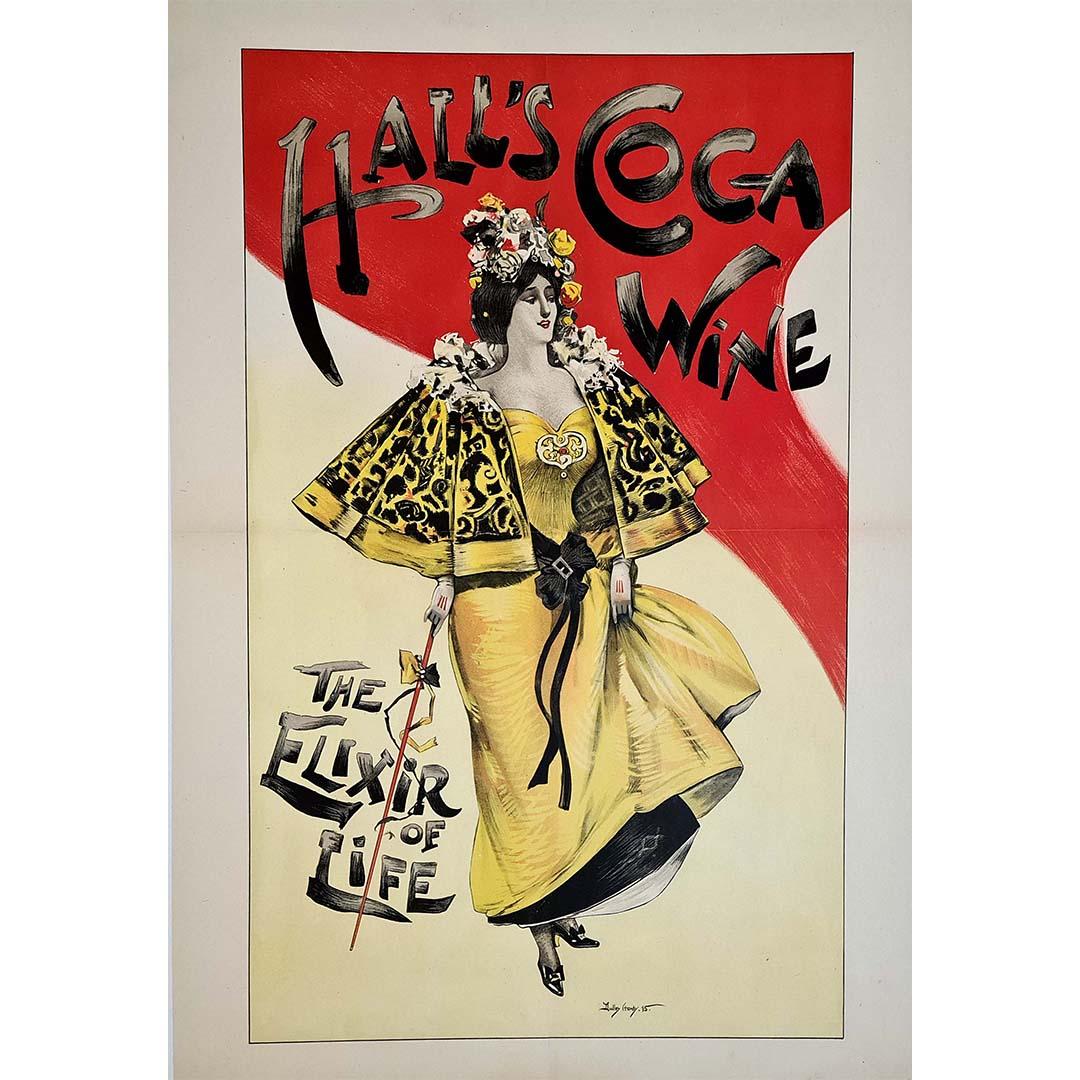 Dudley Hardy Halls Plakat für "Coca Wine - The Elixir of Life" aus dem Jahr 1915 bietet einen fesselnden Einblick in eine vergangene Ära der Werbung. Dieses einzigartige Getränk kombinierte Wein mit Kokain, wobei eine bekannte Marke Vin Mariani war,