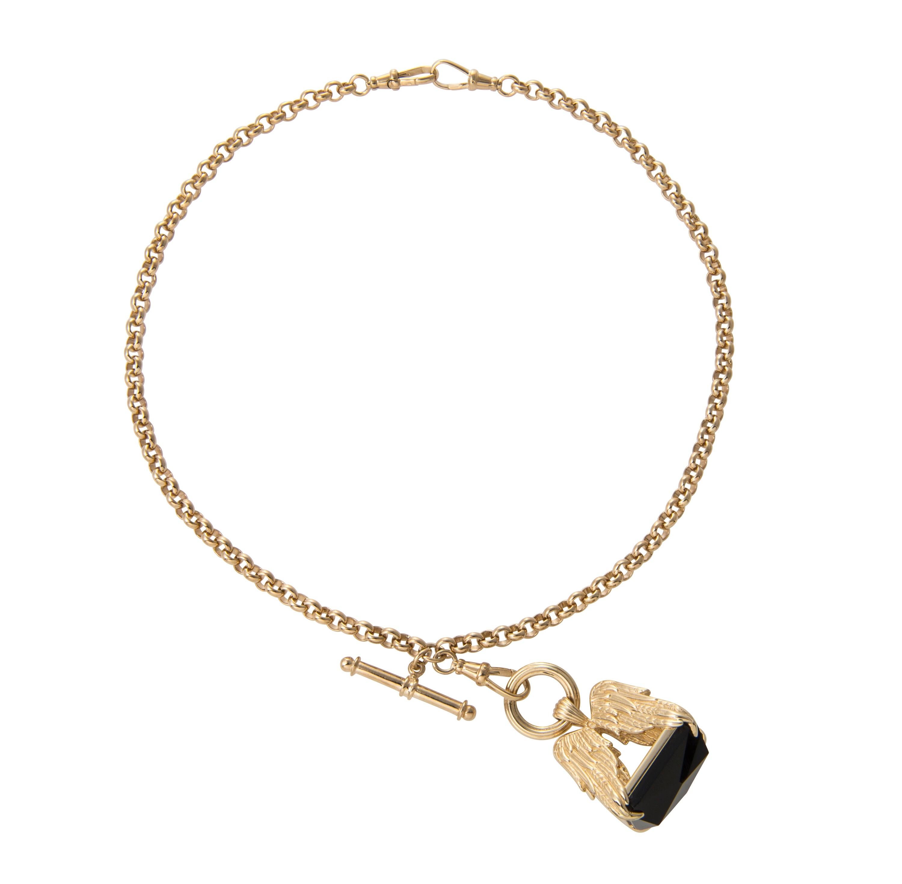 Dudley VanDyke Jumbo Rolo Double Albert chain in 14K yellow gold featuring 3 swivel clasps and a lovely solid gold T-Bar.  This yellow gold necklace, inspired by antique European watch fobs and chains, can be worn as a necklace or fashioned as a