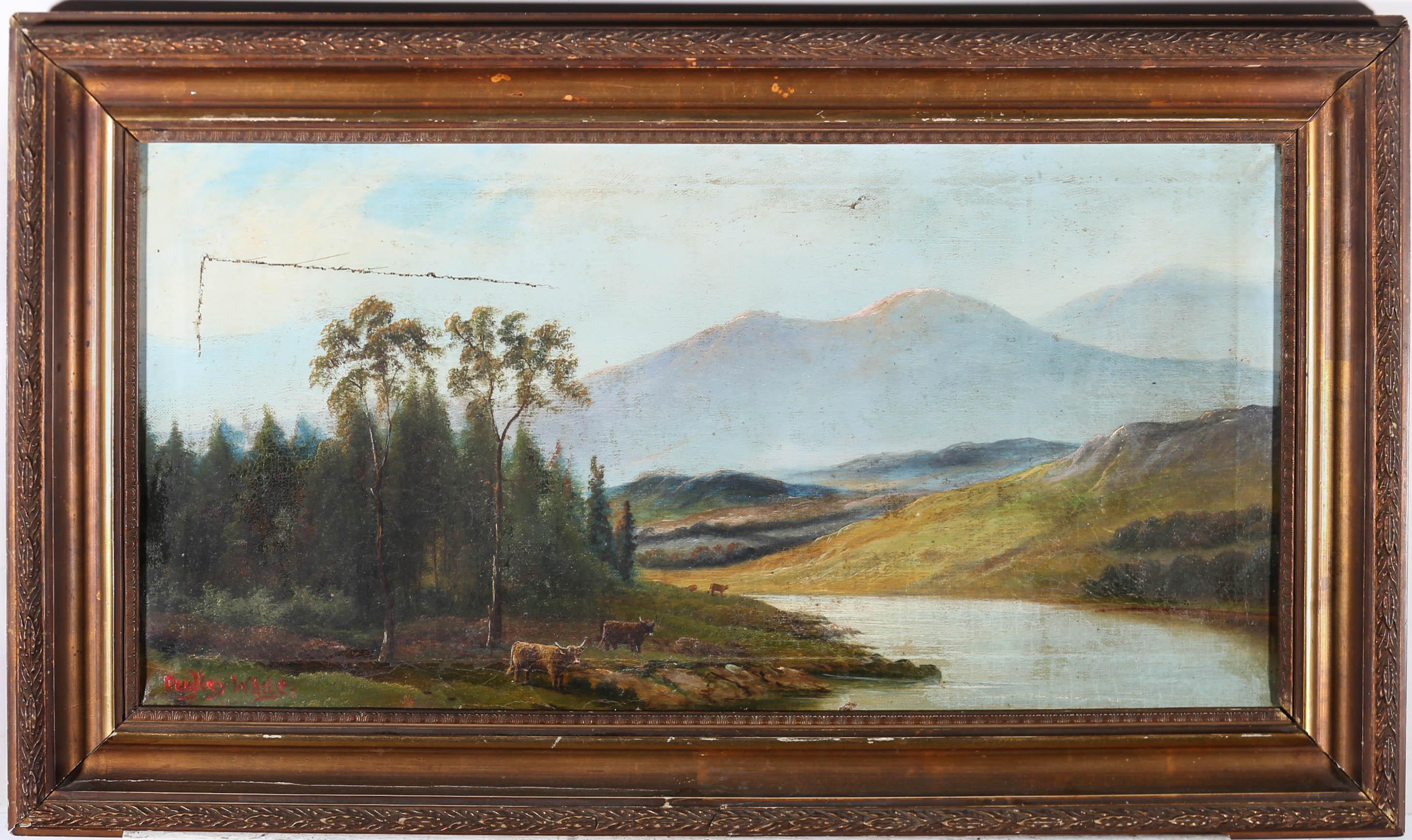A charming oil study depicting a vast highlands landscape with cows grazing in the foreground. Signed to the lower right. Presented in a gilt frame with laurel and berry running patterns. On canvas.