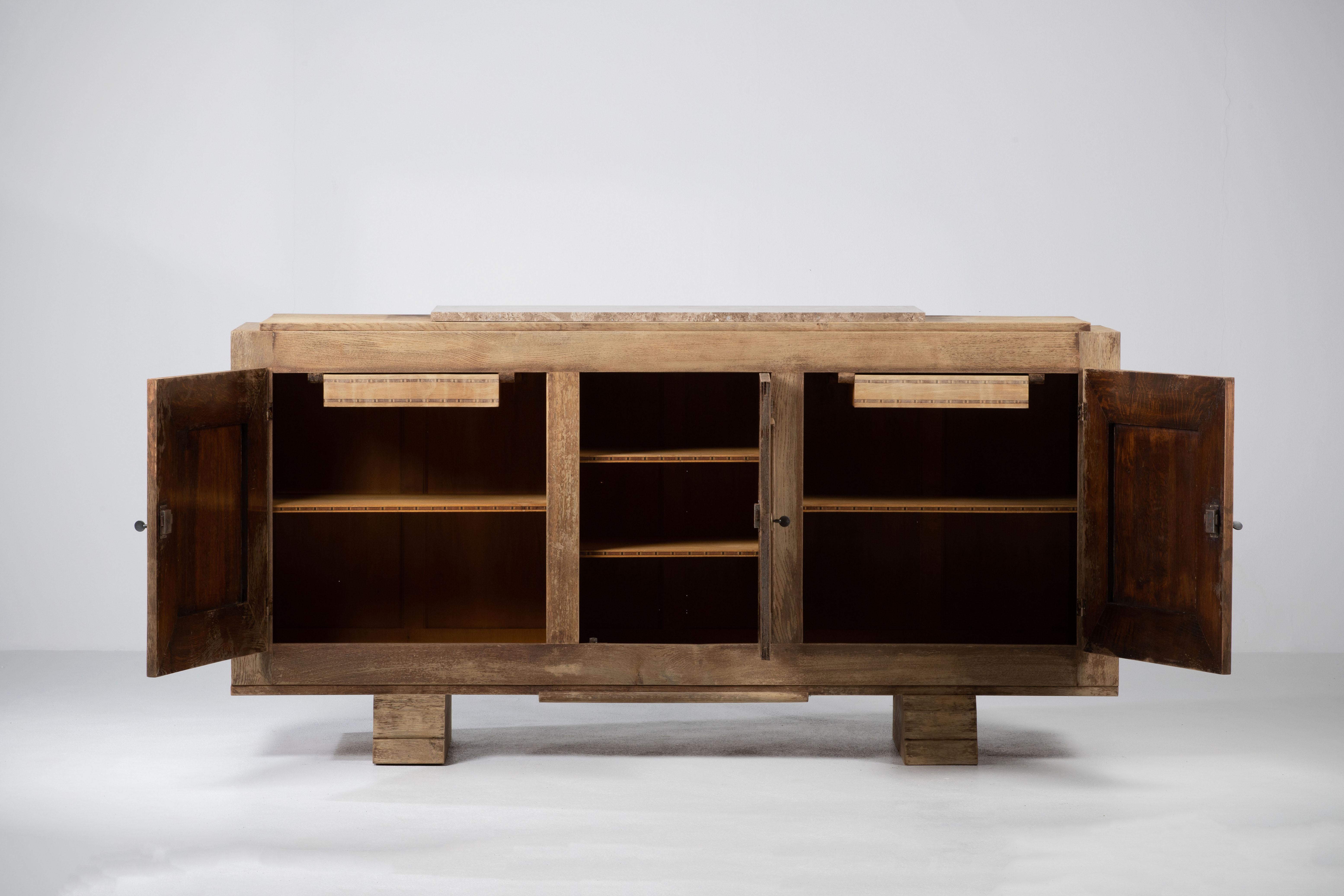 French Dudouyt, Bleached Solid Oak Sideboard, France, 1940s For Sale