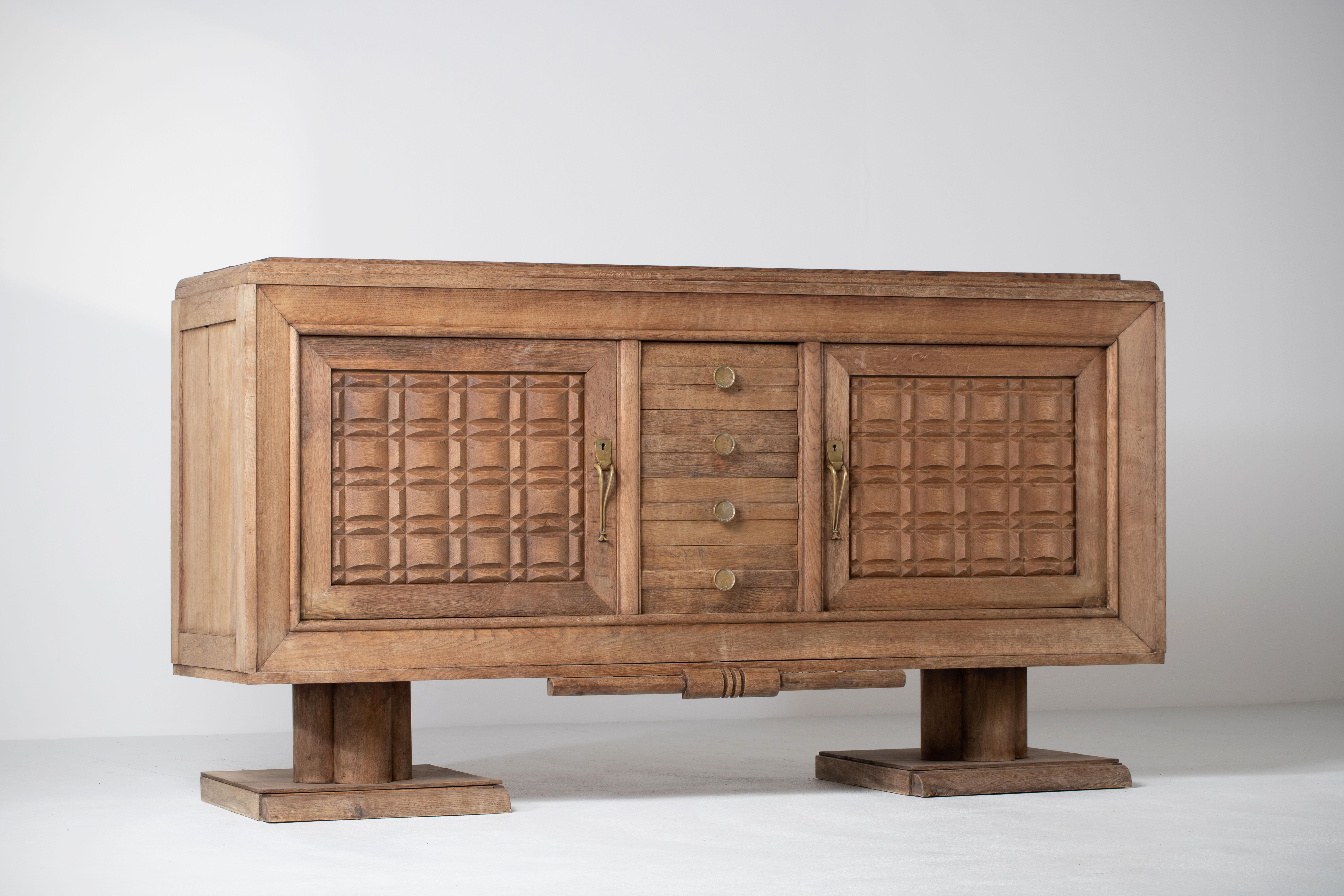 French Dudouyt, Bleached Solid Oak Sideboard, France, 1940s