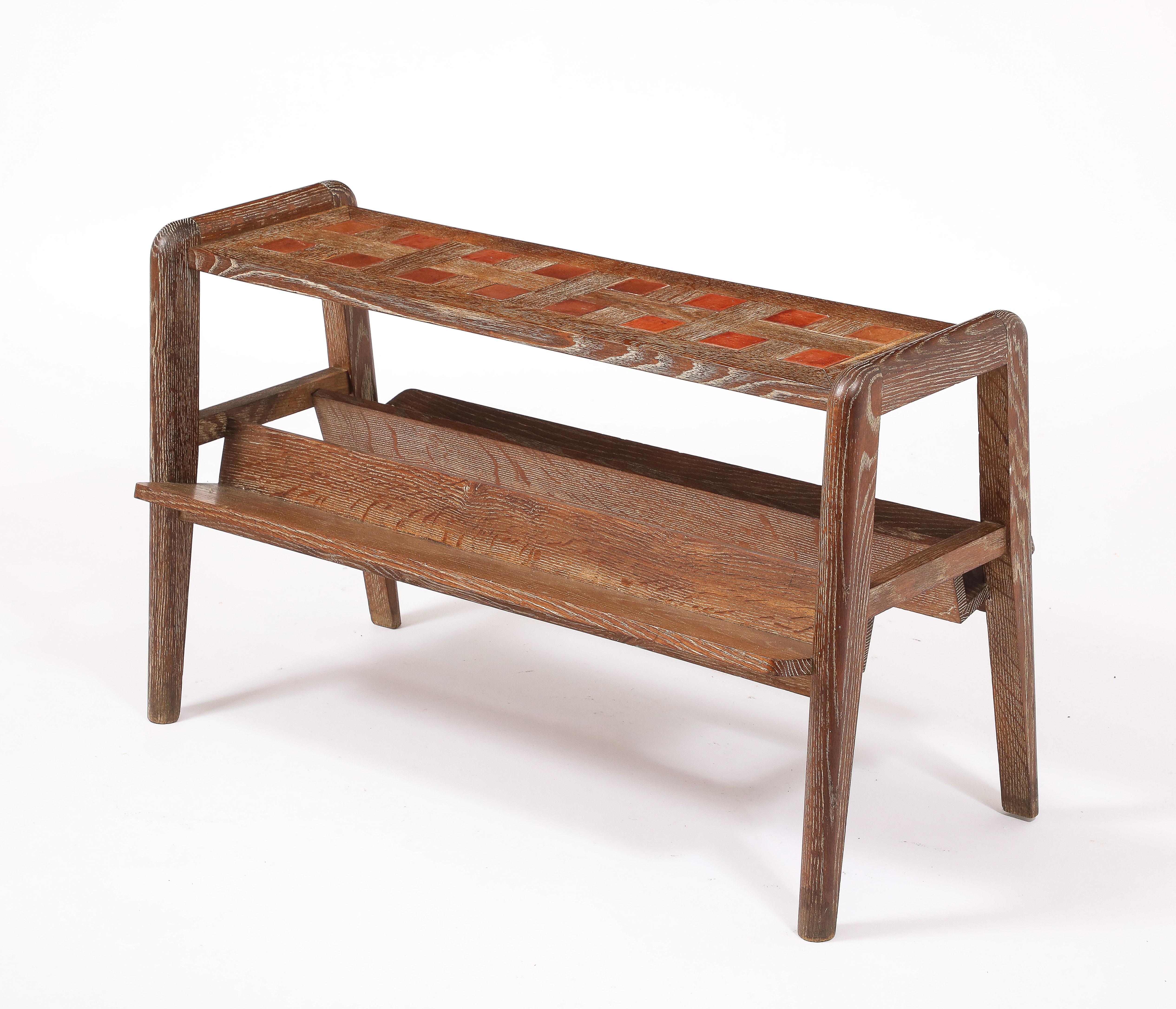 French Dudouyt Oak End Table With Book Holders, France 1950's For Sale