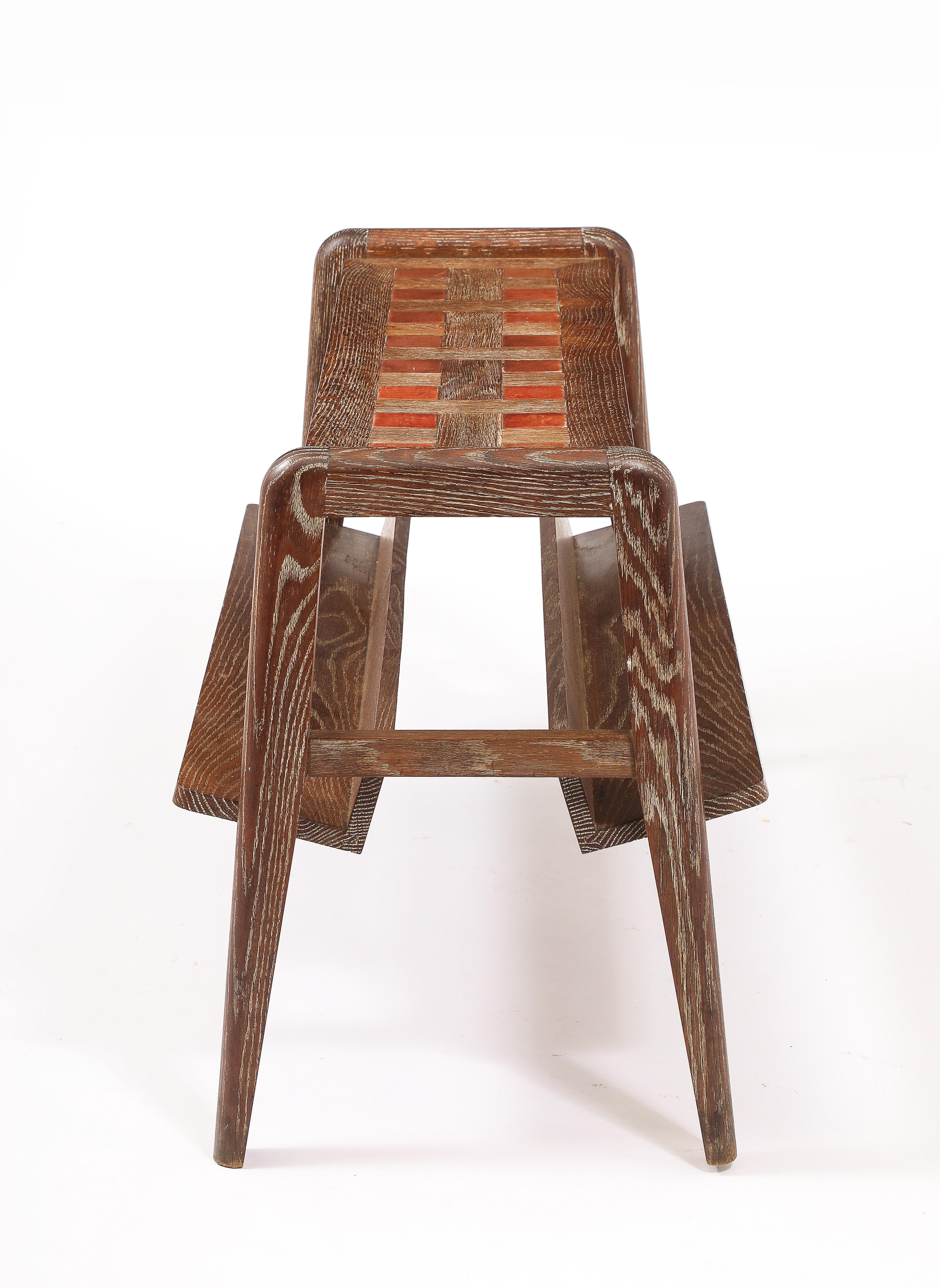 Leather Dudouyt Oak End Table With Book Holders, France 1950's For Sale