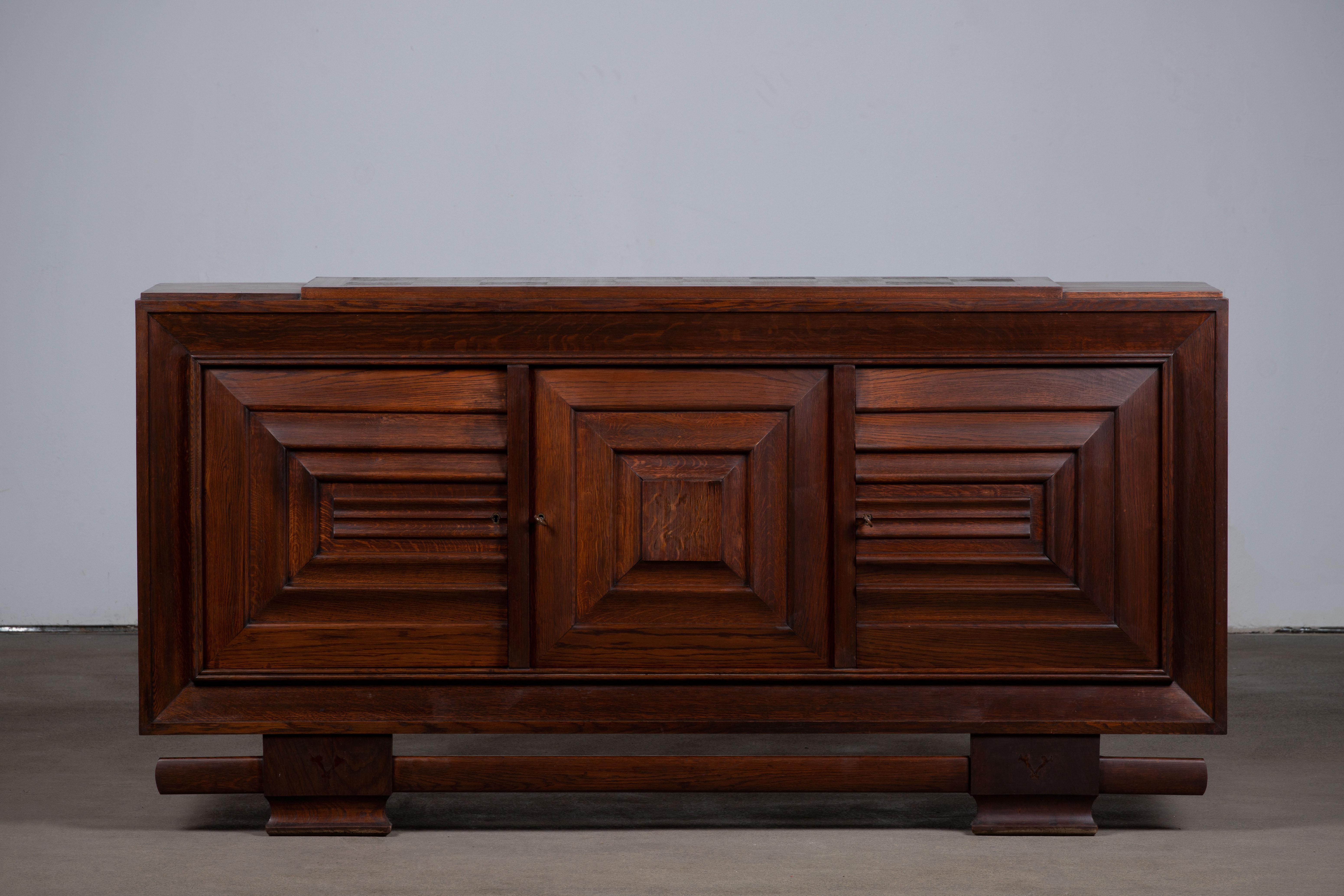 Mid-Century Modern Dudouyt, Solid Oak Sideboard, France, 1940s