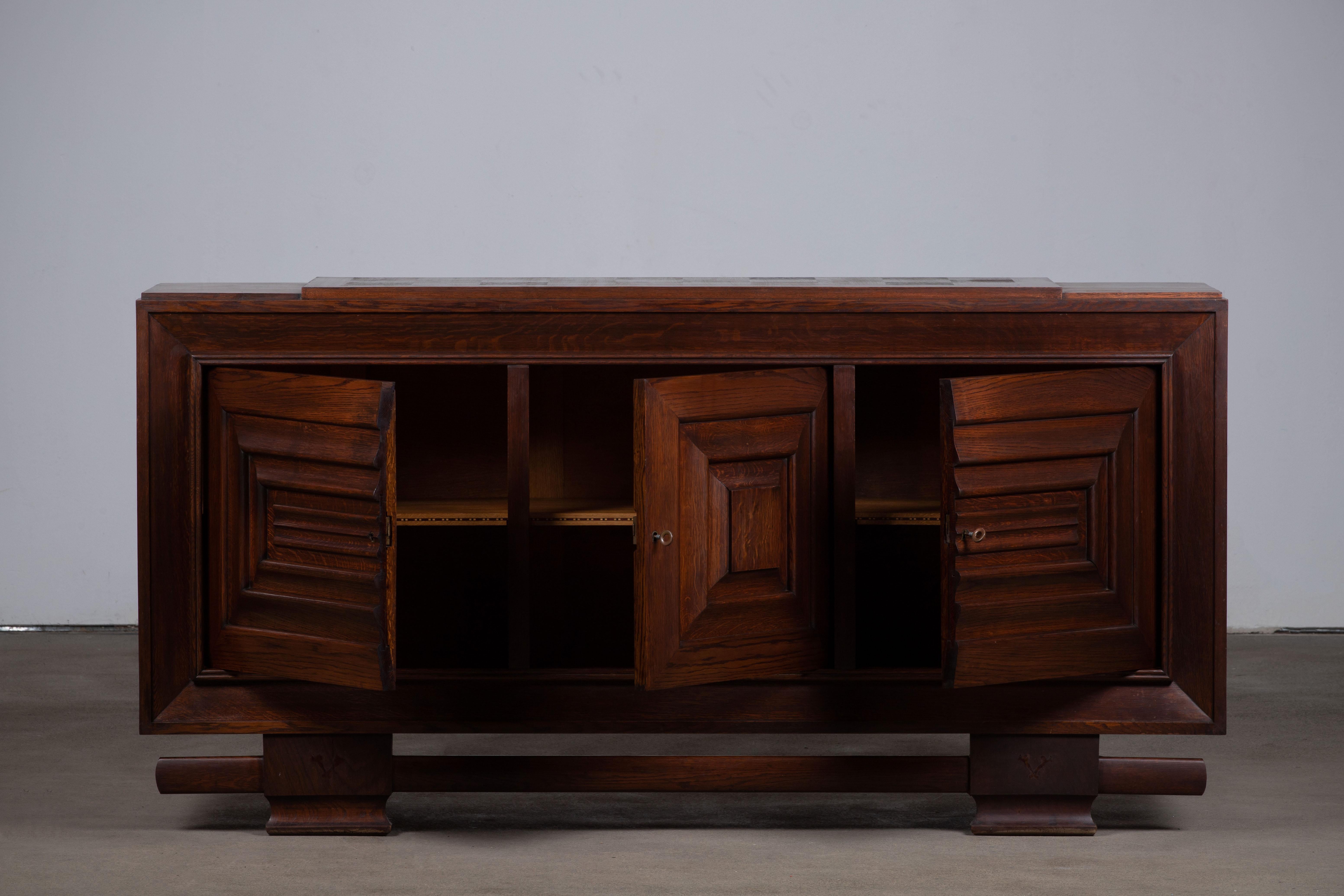 French Dudouyt, Solid Oak Sideboard, France, 1940s