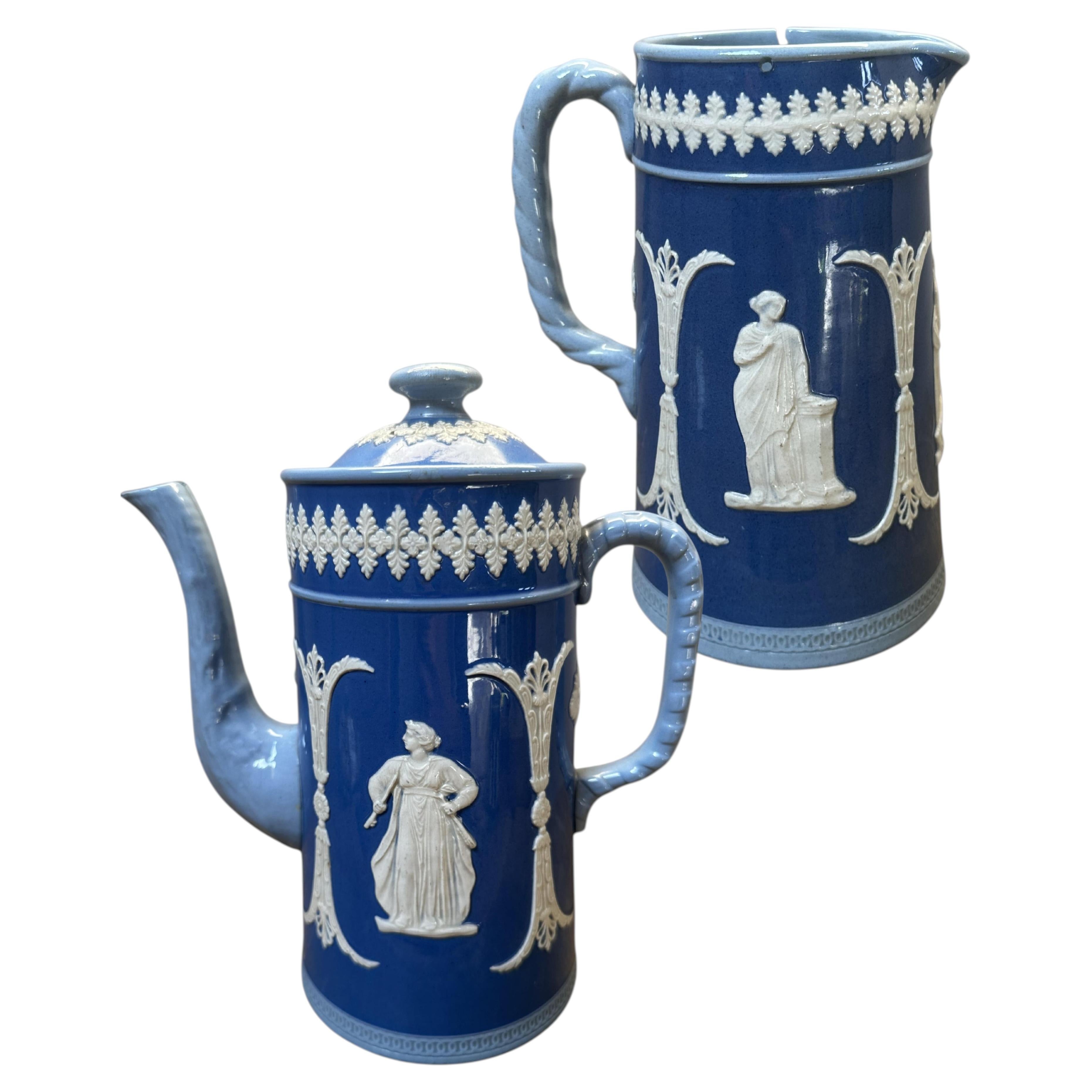 Dudson Brothers, Jasperware Antique Blue coffee pot milk jug set, 19th century