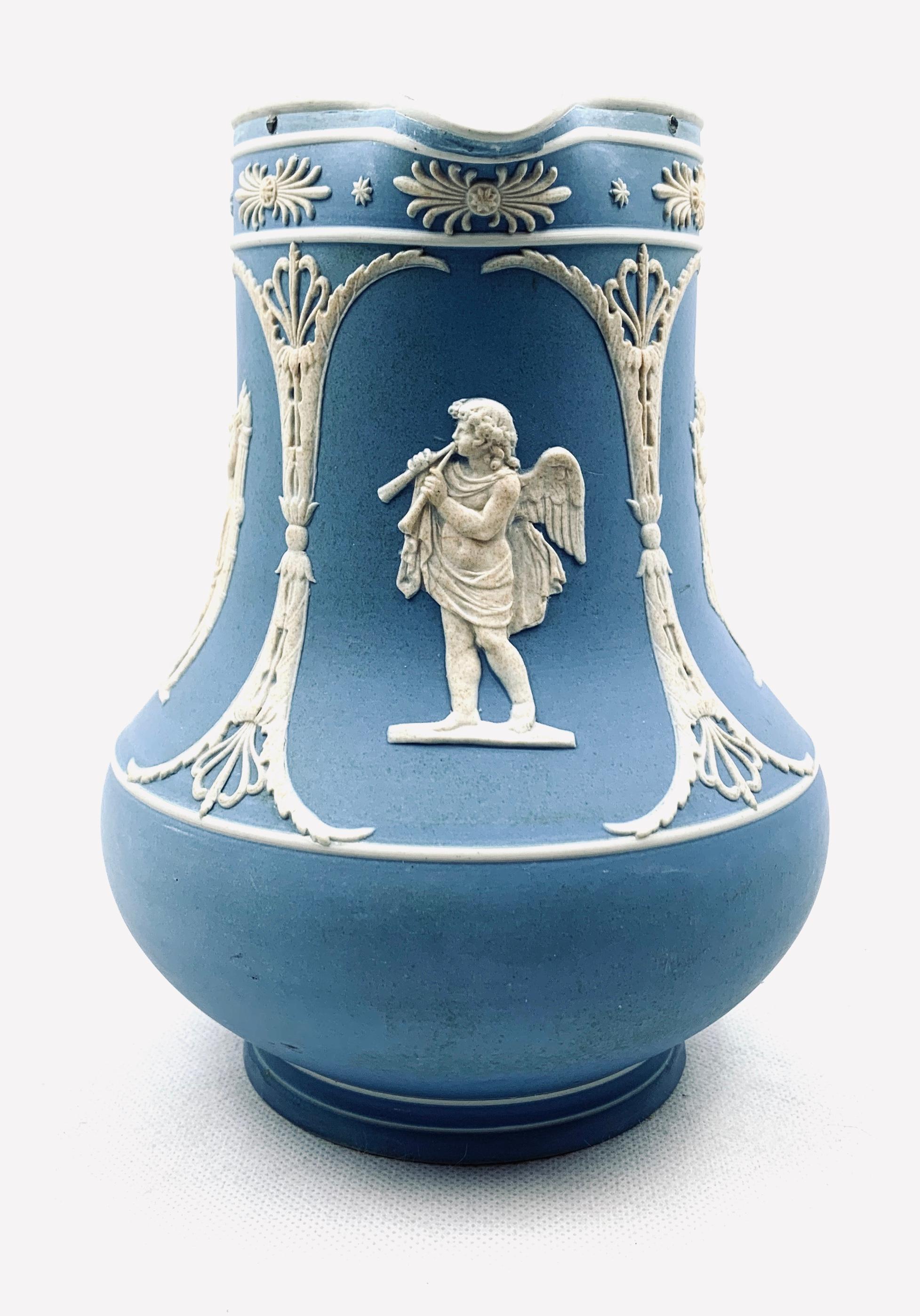 English Jasperware Pitcher with Blue and White Applications, Neoclassical Motif  For Sale