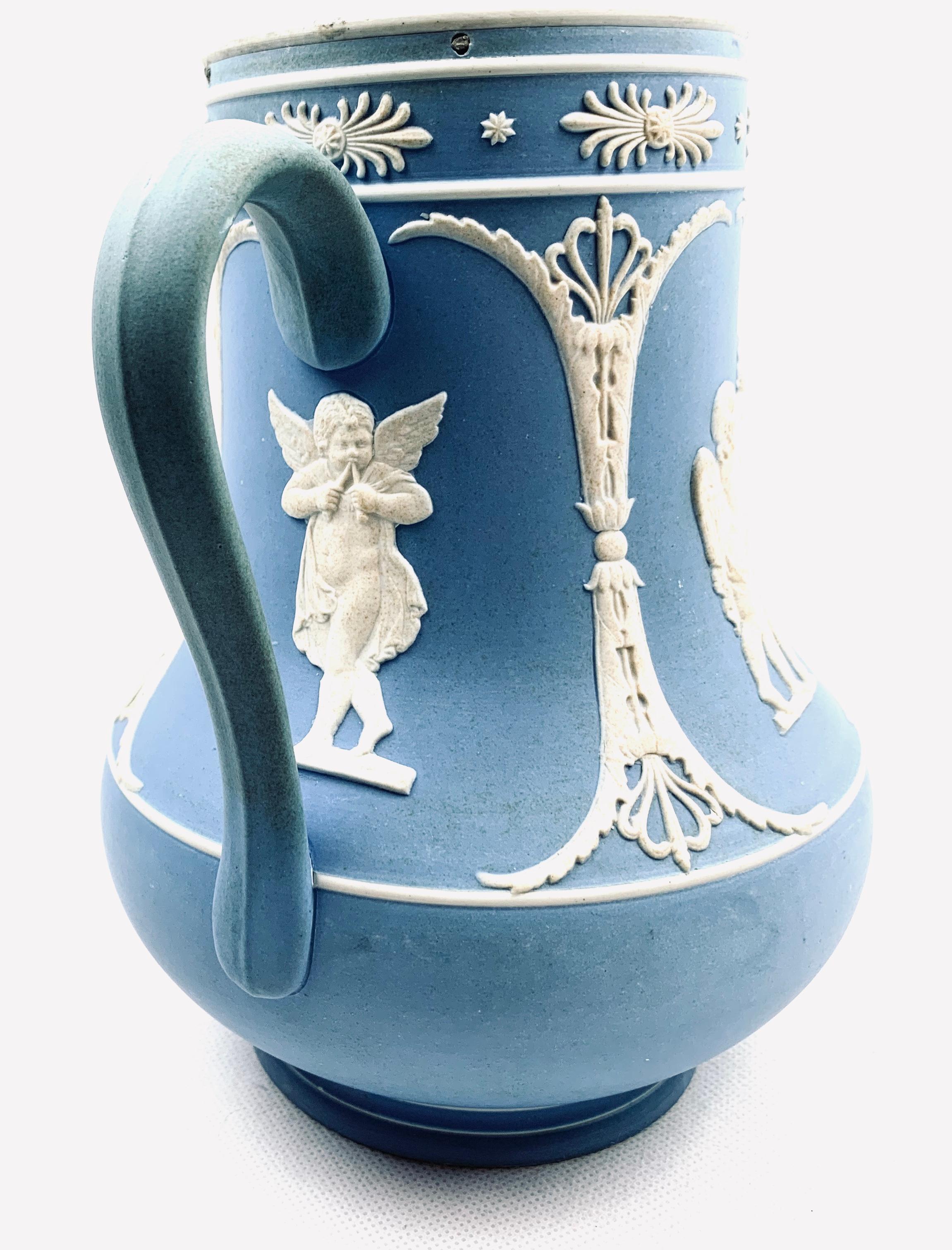 Jasperware Pitcher with Blue and White Applications, Neoclassical Motif  In Good Condition For Sale In West Palm Beach, FL