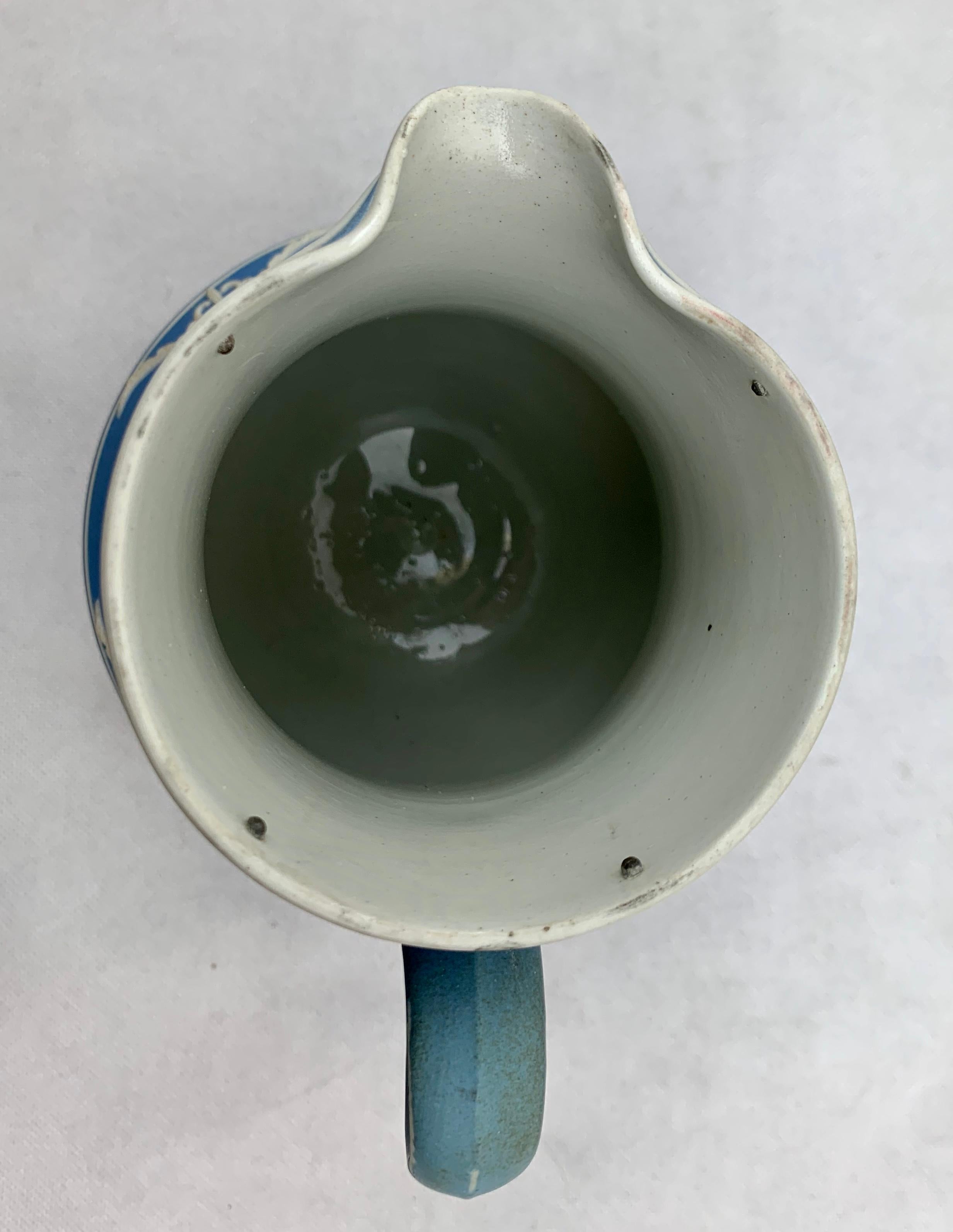 Late 19th Century Jasperware Pitcher with Blue and White Applications, Neoclassical Motif  For Sale