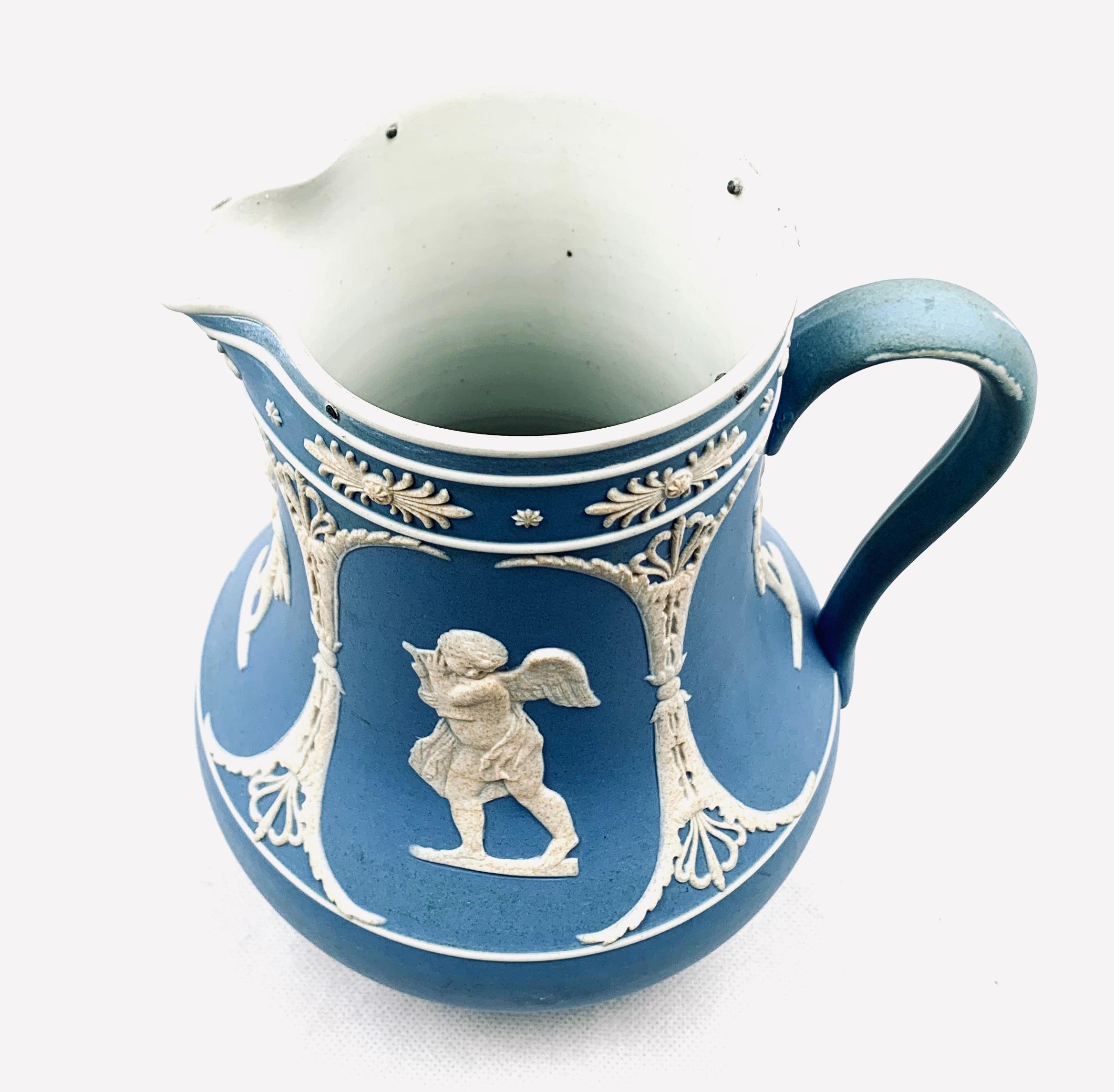 Ceramic Jasperware Pitcher with Blue and White Applications, Neoclassical Motif  For Sale