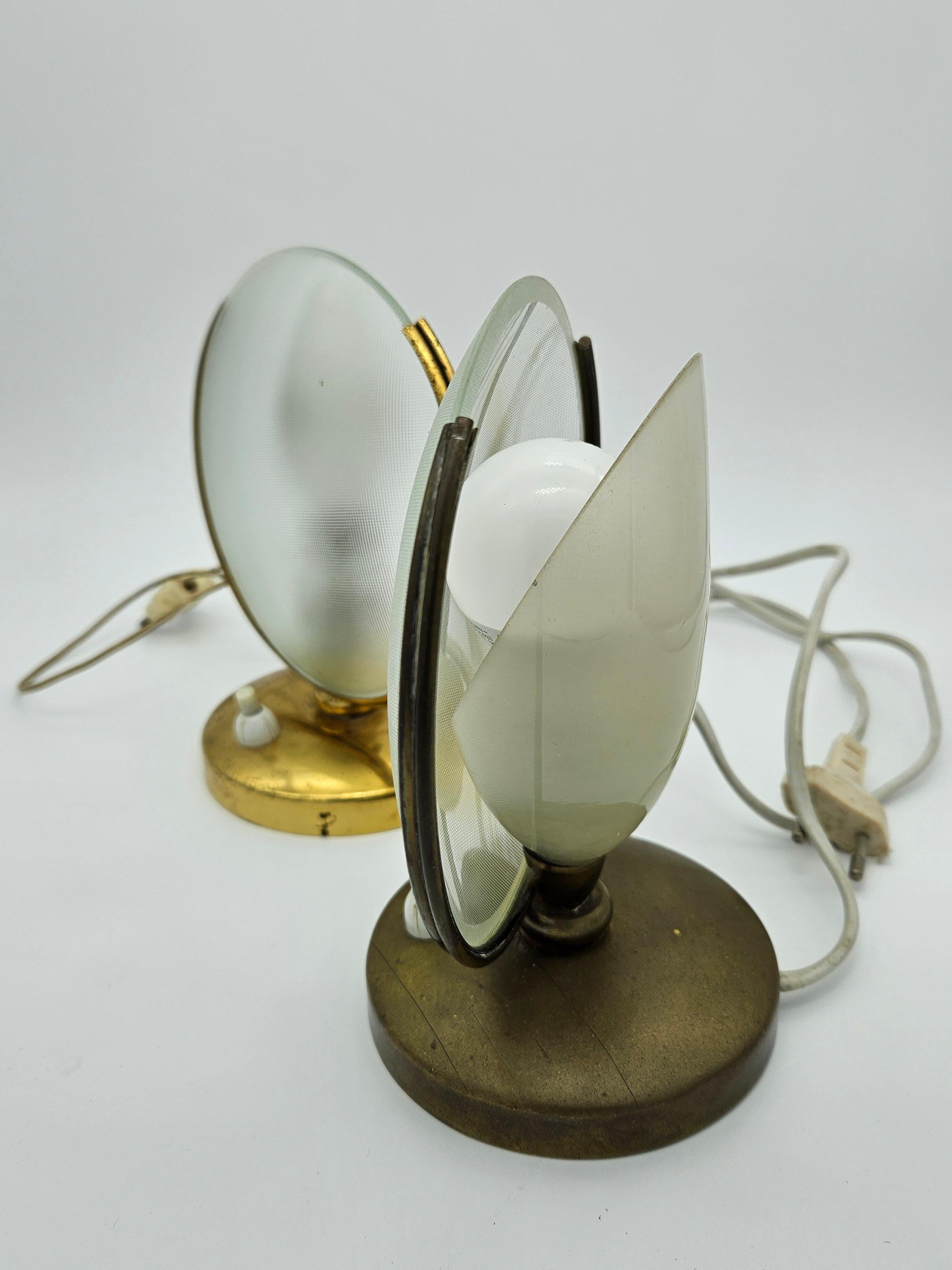 Mid-Century Modern Two glass and brass abat jour lamps from the early 1970s For Sale