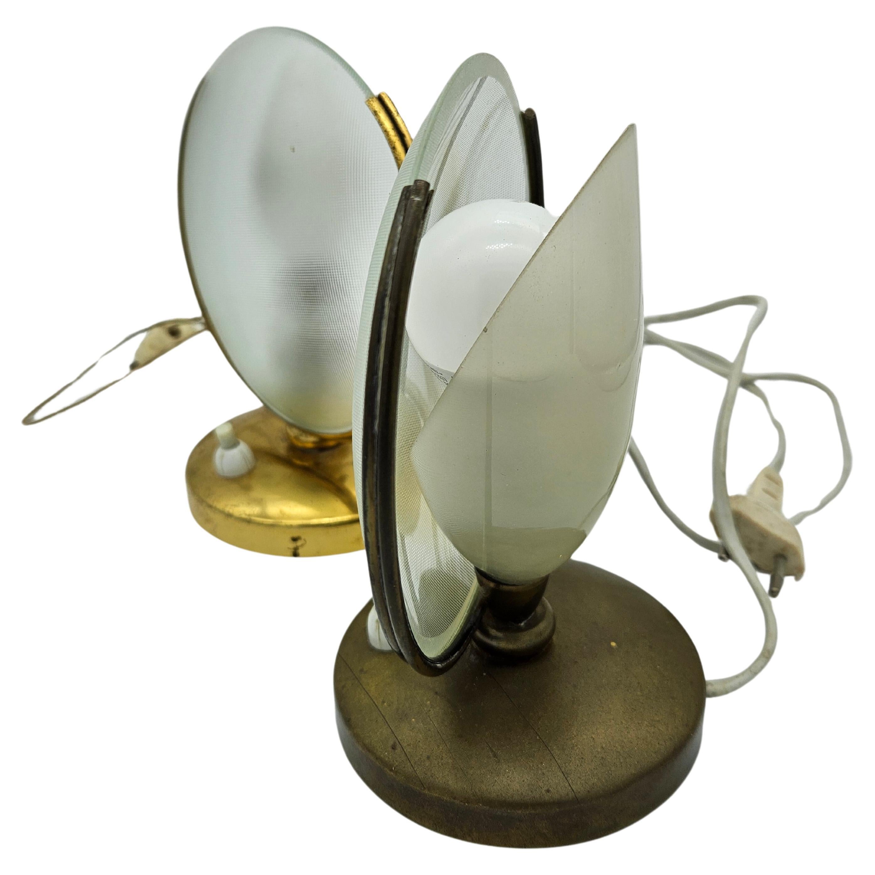 Two glass and brass abat jour lamps from the early 1970s For Sale
