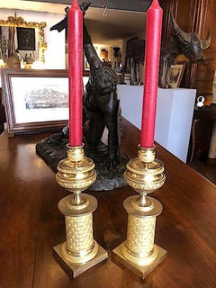 Two Gilt Bronze Empire Candlesticks circa 1830 French Cassolette Dual use