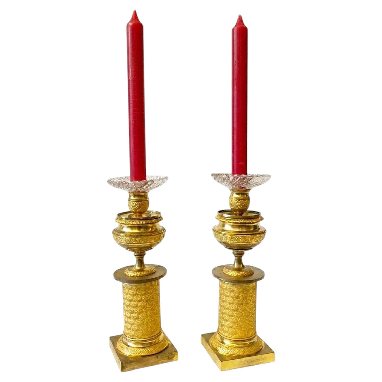 Two Gilt Bronze Empire Candlesticks circa 1830 French Cassolette For Sale
