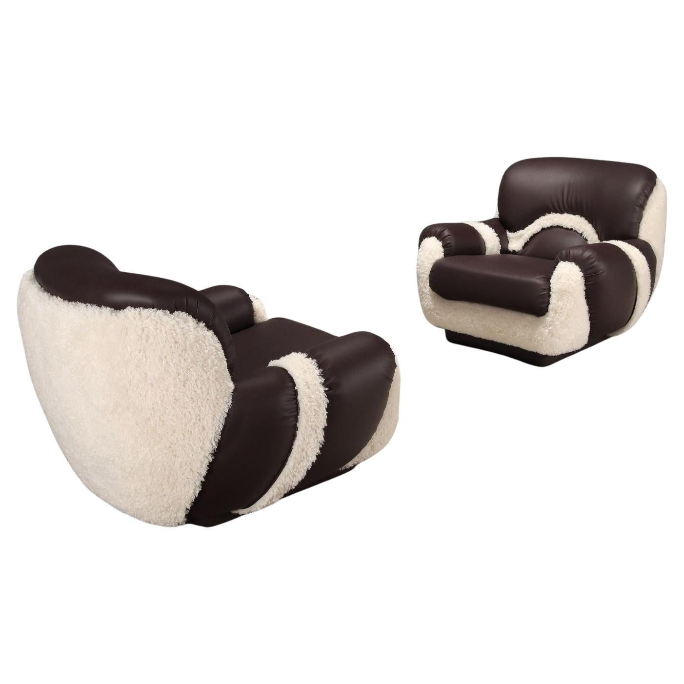 Vintage Italian Armchairs, Mid-Century Modern, Fur & Faux Leather