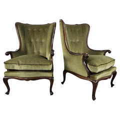 Due poltrone Bergère stile Luigi XV in noce e stoffa verde anni '50