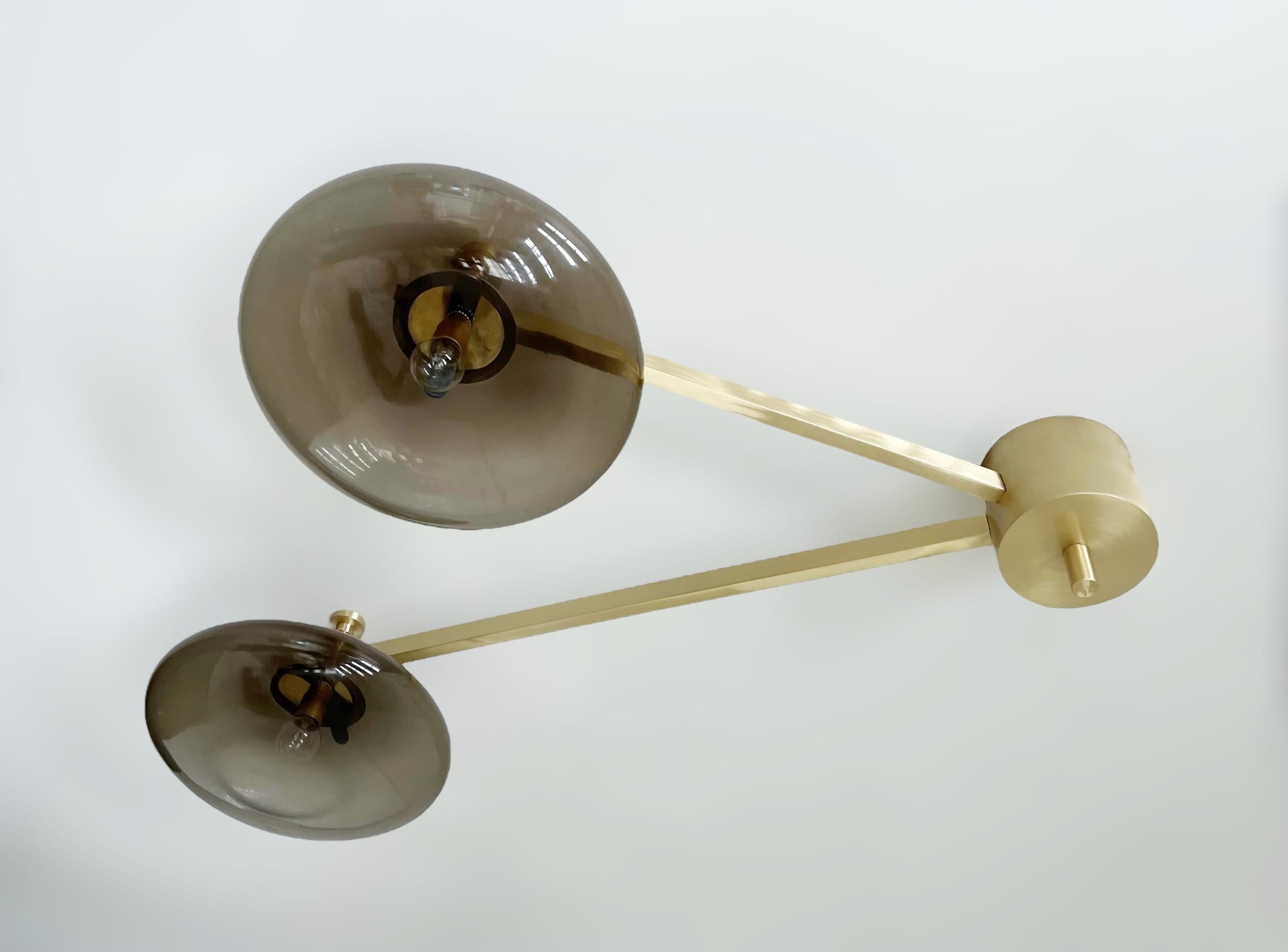 Italian flush mount with Murano glass shades mounted on solid brass frame / Made in Italy
Designed by Fabio Ltd, inspired by Angelo Lelli and Arredoluce styles
3 lights / E12 or E14 type / max 40W each
Length: 35 inches / Width: 28 inches / Height: