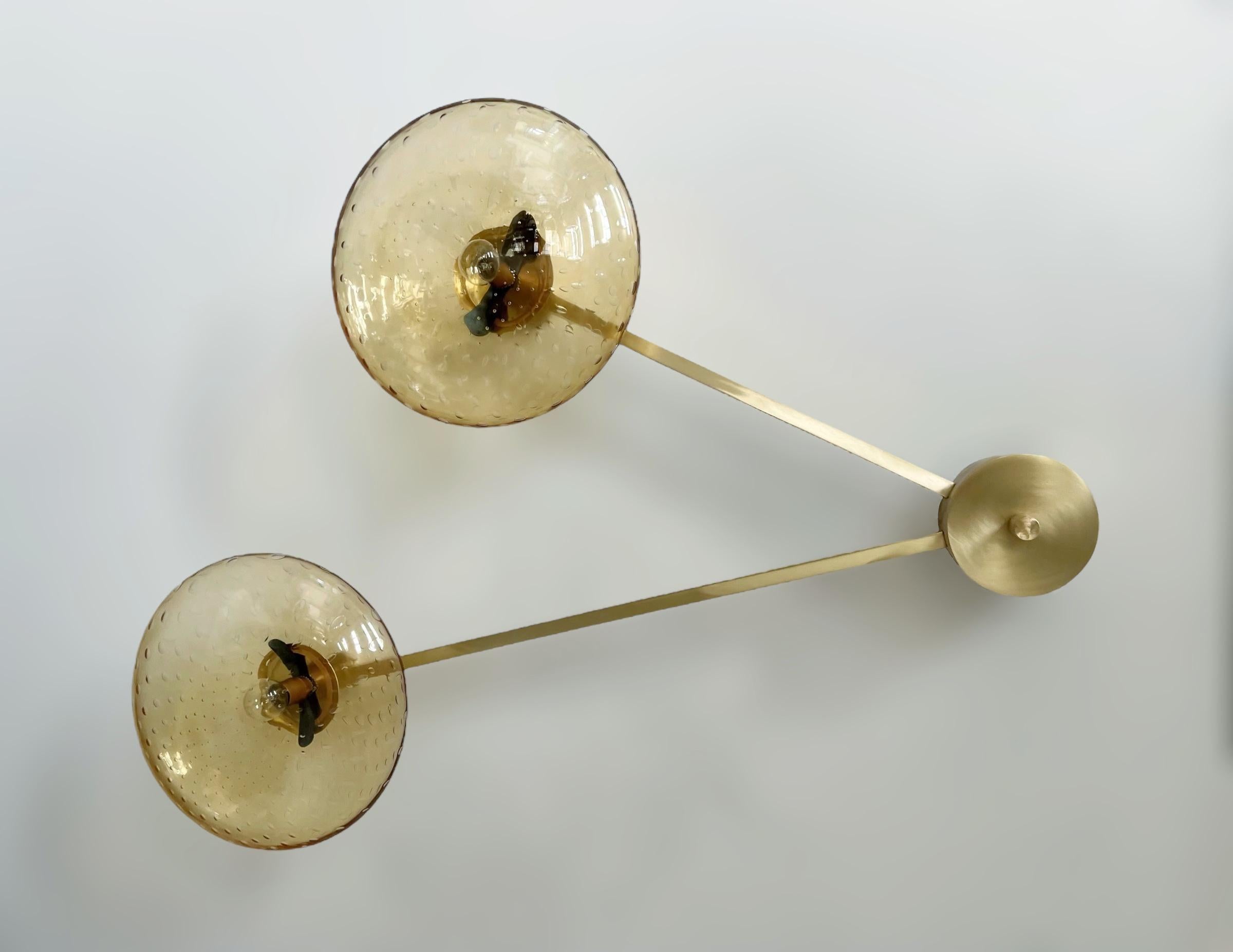 Italian flush mount with Murano glass shades mounted on solid brass frame / Made in Italy
Designed by Fabio Ltd, inspired by Angelo Lelli and Arredoluce styles
3 lights / E12 or E14 type / max 40W each
Length: 35 inches / Width: 28 inches / Height:
